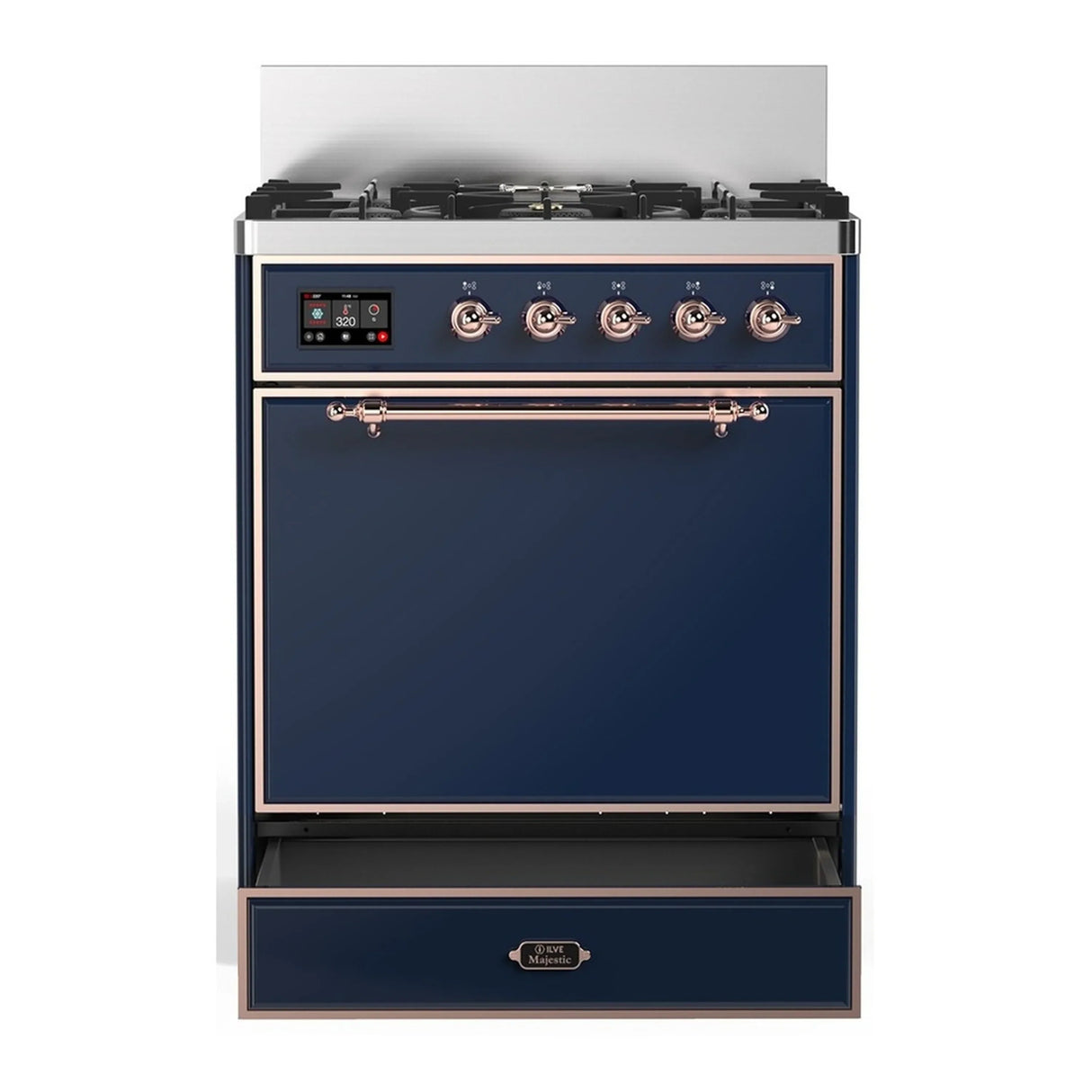 ILVE Majestic III 30-inch Dual Fuel Range with 5 Natural Gas Burner and Solid Door Electric Oven in Midnight Blue with Copper Trim (UM30QNR3MBP)