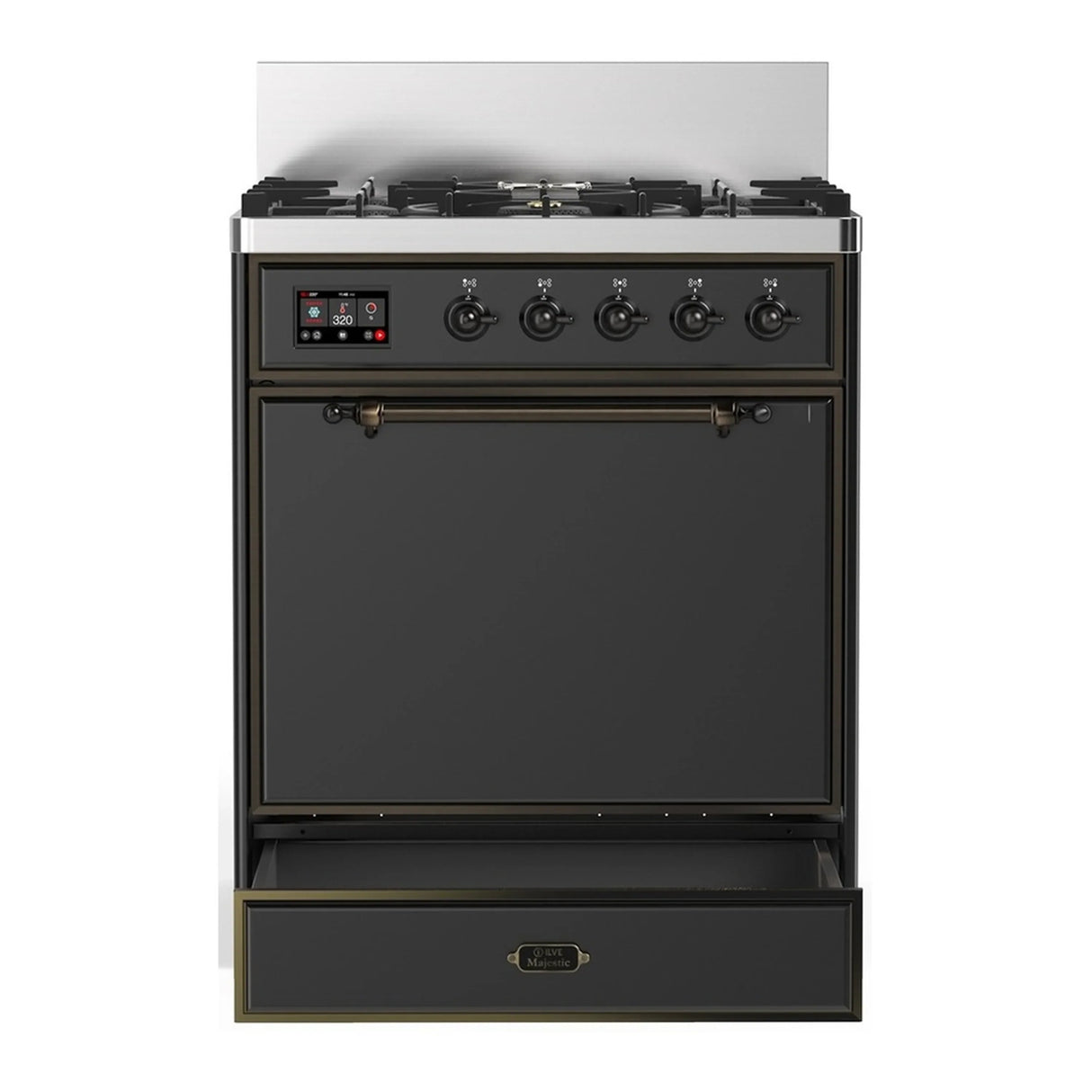 ILVE Majestic III 30-inch Dual Fuel Range with 5 Liquid Propane Burner and Solid Door Electric Oven in Graphite Matte with Burnished Trim (UM30QNR3MGBLP)