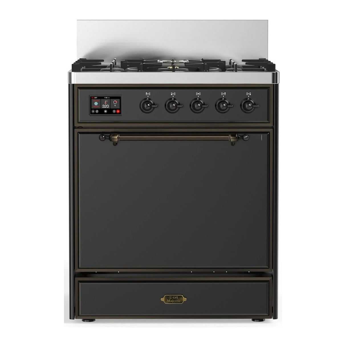 ILVE Majestic III 30-inch Dual Fuel Range with 5 Liquid Propane Burner and Solid Door Electric Oven in Graphite Matte with Burnished Trim (UM30QNR3MGBLP)