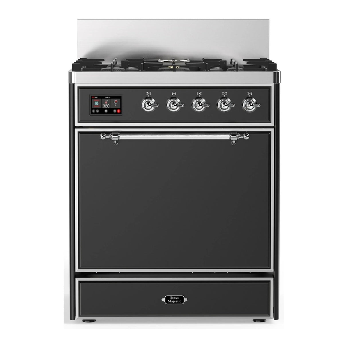 ILVE Majestic III 30-inch Dual Fuel Range with 5 Liquid Propane Burner and Solid Door Electric Oven in Graphite Matte with Chrome Trim (UM30QNR3MGCLP)