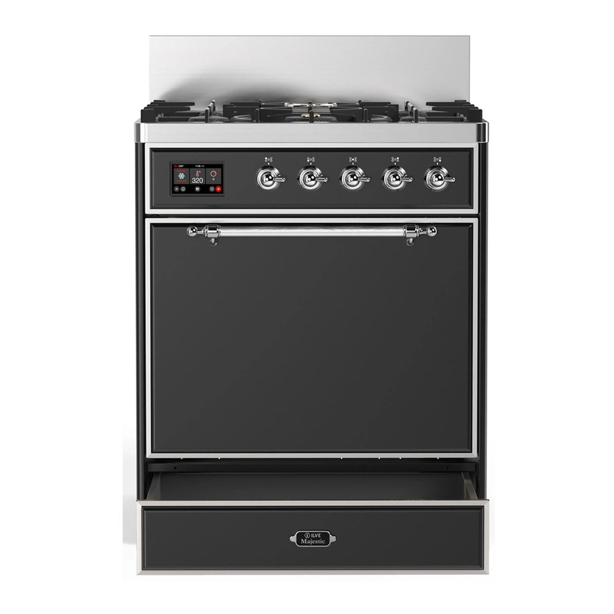 ILVE Majestic III 30-inch Dual Fuel Range with 5 Natural Gas Burner and Solid Door Electric Oven in Graphite Matte with Chrome Trim (UM30QNR3MGC)