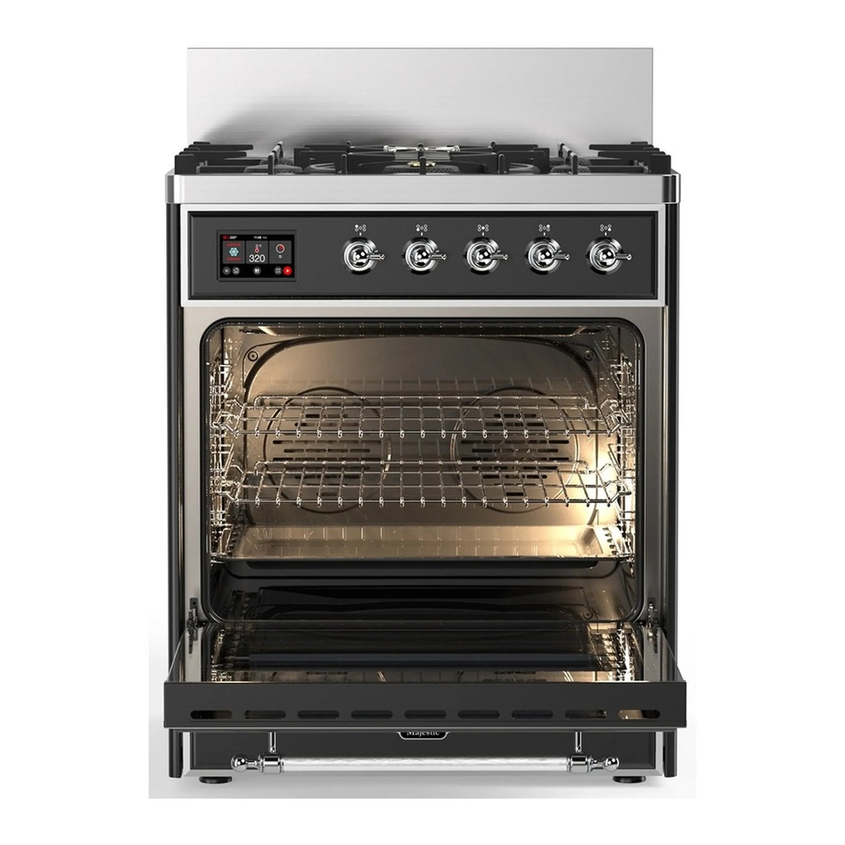 ILVE Majestic III 30-inch Dual Fuel Range with 5 Liquid Propane Burner and Solid Door Electric Oven in Graphite Matte with Chrome Trim (UM30QNR3MGCLP)