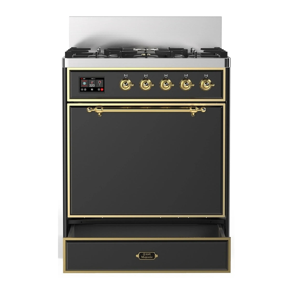 ILVE Majestic III 30-inch Dual Fuel Range with 5 Liquid Propane Burner and Solid Door Electric Oven in Graphite Matte with Brass Trim (UM30QNR3MGGLP)