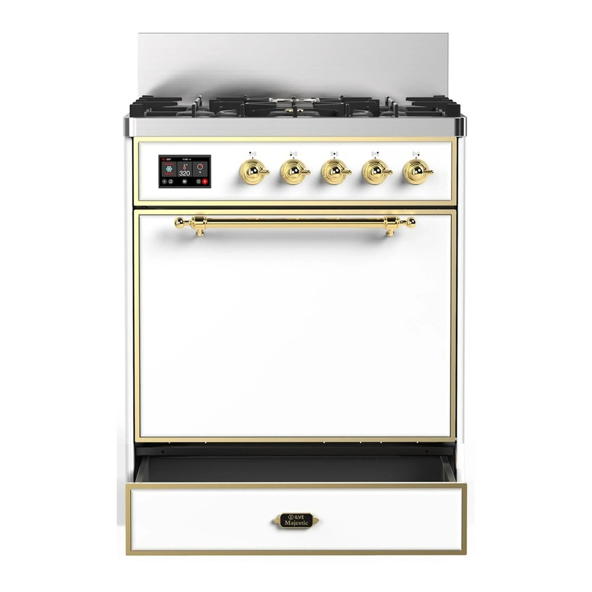 ILVE Majestic III 30-inch Dual Fuel Range with 5 Natural Gas Burner and Solid Door Electric Oven in White with Brass Trim (UM30QNR3WHG)