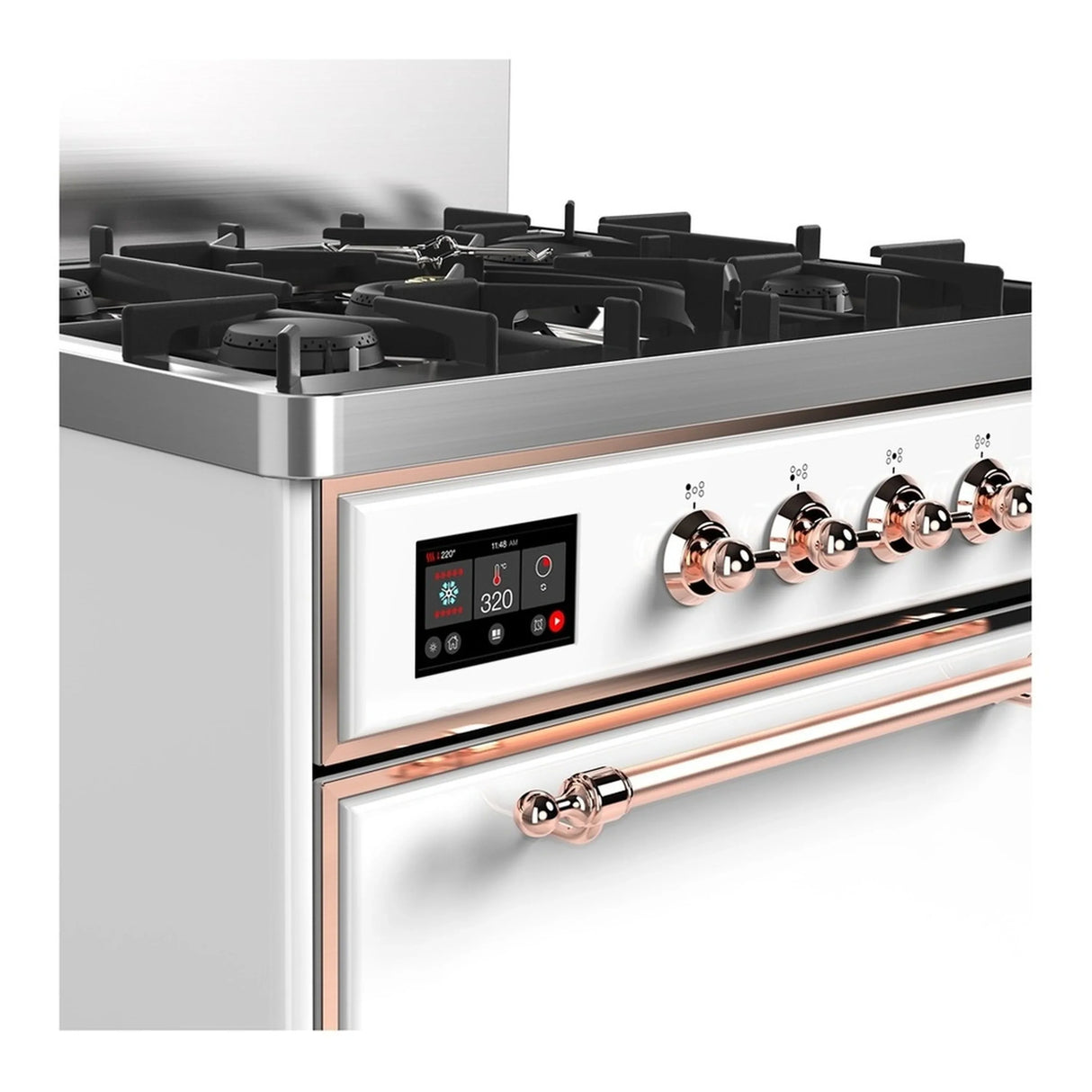 ILVE Majestic III 30-inch Dual Fuel Range with 5 Natural Gas Burner and Solid Door Electric Oven in White with Copper Trim (UM30QNR3WHP)