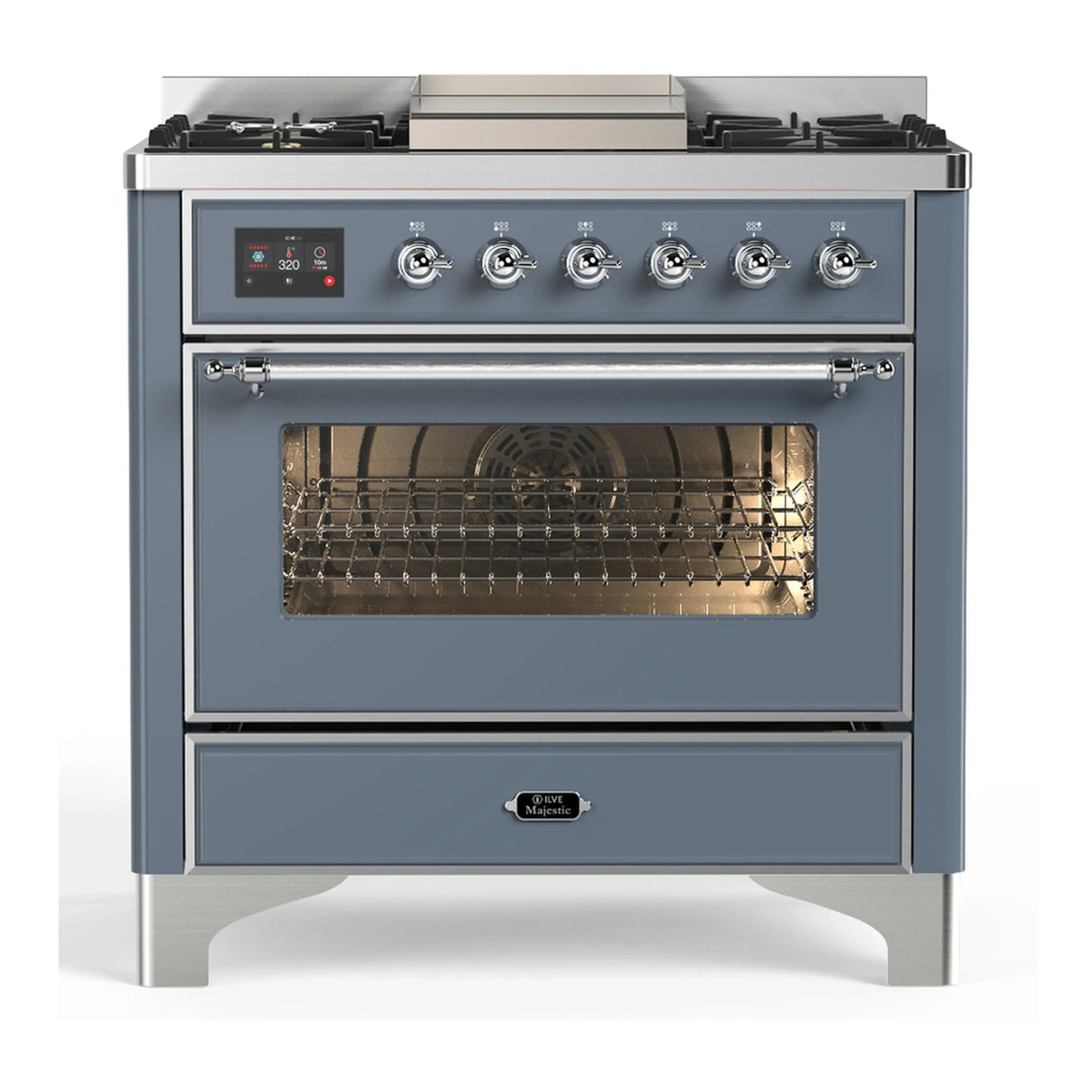 ILVE Majestic III 36-inch Dual Fuel Range with 6 Natural Gas Burner, Griddle and Triple Glass Door Electric Oven in Blue Grey with Chrome Trim (UM36FNR3BGC)