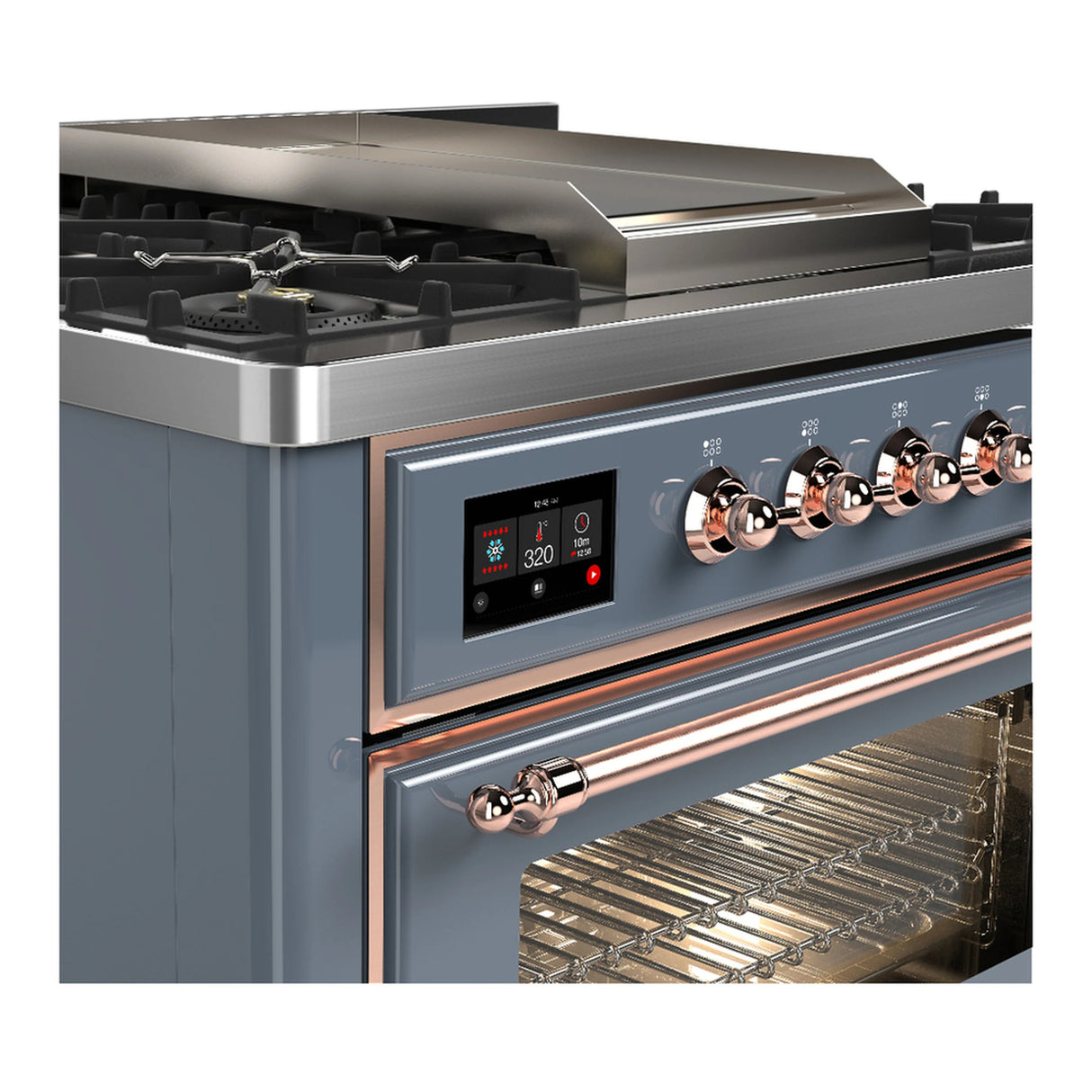 ILVE Majestic III 36-inch Dual Fuel Range with 6 Natural Gas Burner, Griddle and Triple Glass Door Electric Oven in Blue Grey with Copper Trim (UM36FNR3BGP)