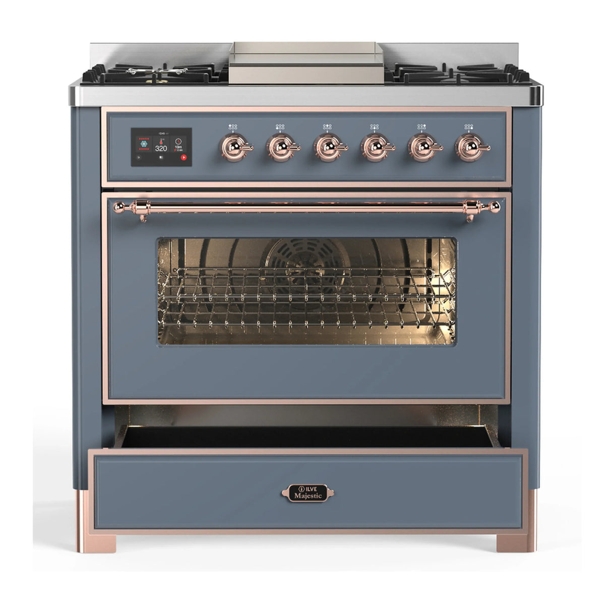 ILVE Majestic III 36-inch Dual Fuel Range with 5 Liquid Propane Burner, Griddle and Triple Glass Door Electric Oven in Blue Grey with Copper Trim (UM36FNR3BGPLP)