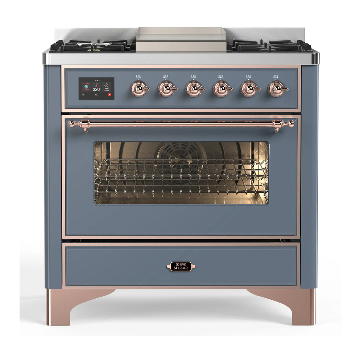 ILVE Majestic III 36-inch Dual Fuel Range with 5 Liquid Propane Burner, Griddle and Triple Glass Door Electric Oven in Blue Grey with Copper Trim (UM36FNR3BGPLP)