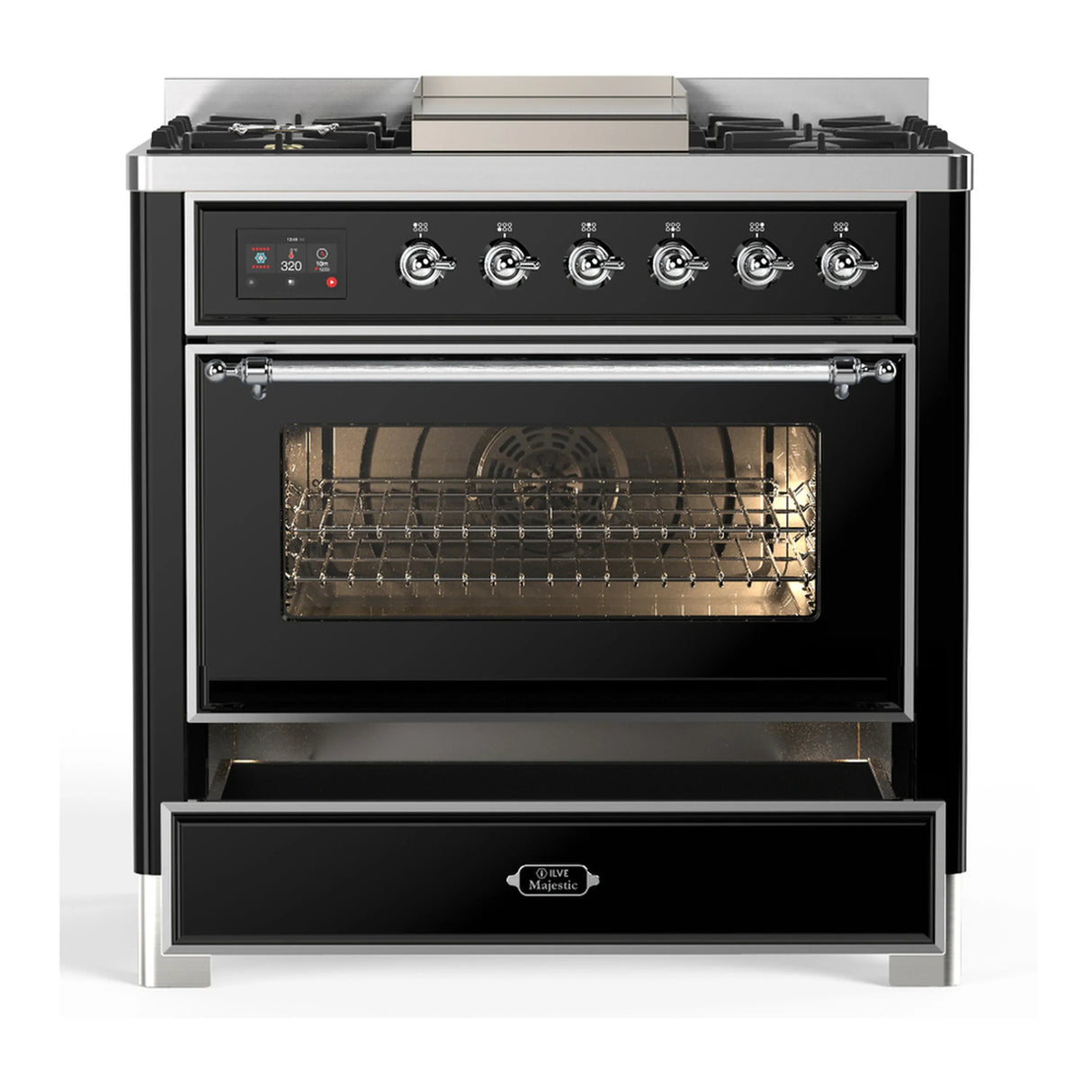 ILVE Majestic III 36-inch Dual Fuel Range with 5 Liquid Propane Burner, Griddle and Triple Glass Door Electric Oven in Glossy Black with Chrome Trim (UM36FNR3BKCLP)