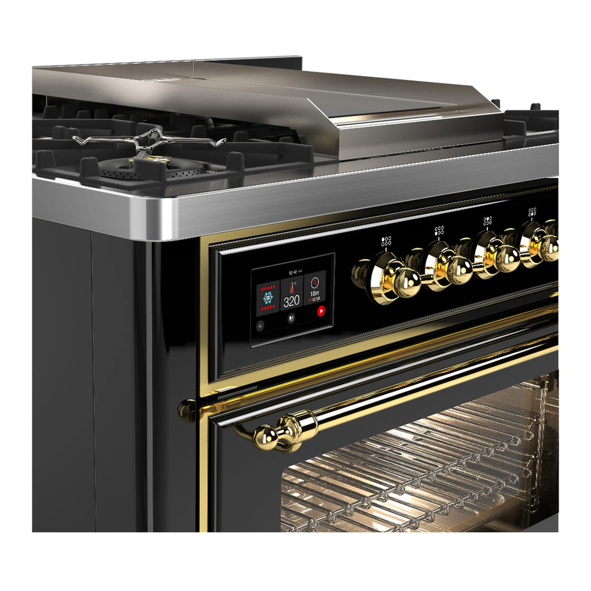 ILVE Majestic III 36-inch Dual Fuel Range with 6 Natural Gas Burner, Griddle and Triple Glass Door Electric Oven in Glossy Black with Brass Trim (UM36FNR3BKG)