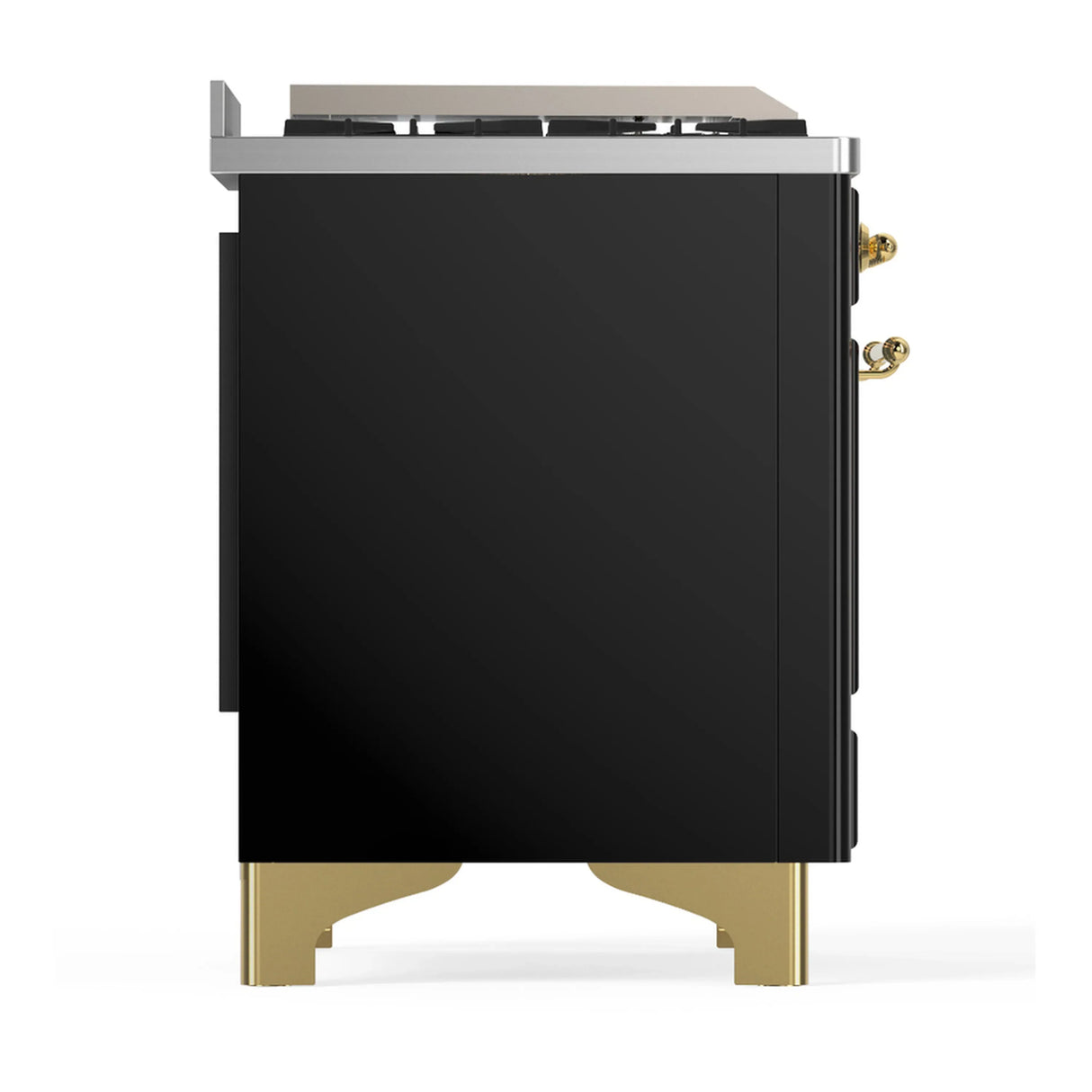 ILVE Majestic III 36-inch Dual Fuel Range with 6 Natural Gas Burner, Griddle and Triple Glass Door Electric Oven in Glossy Black with Brass Trim (UM36FNR3BKG)