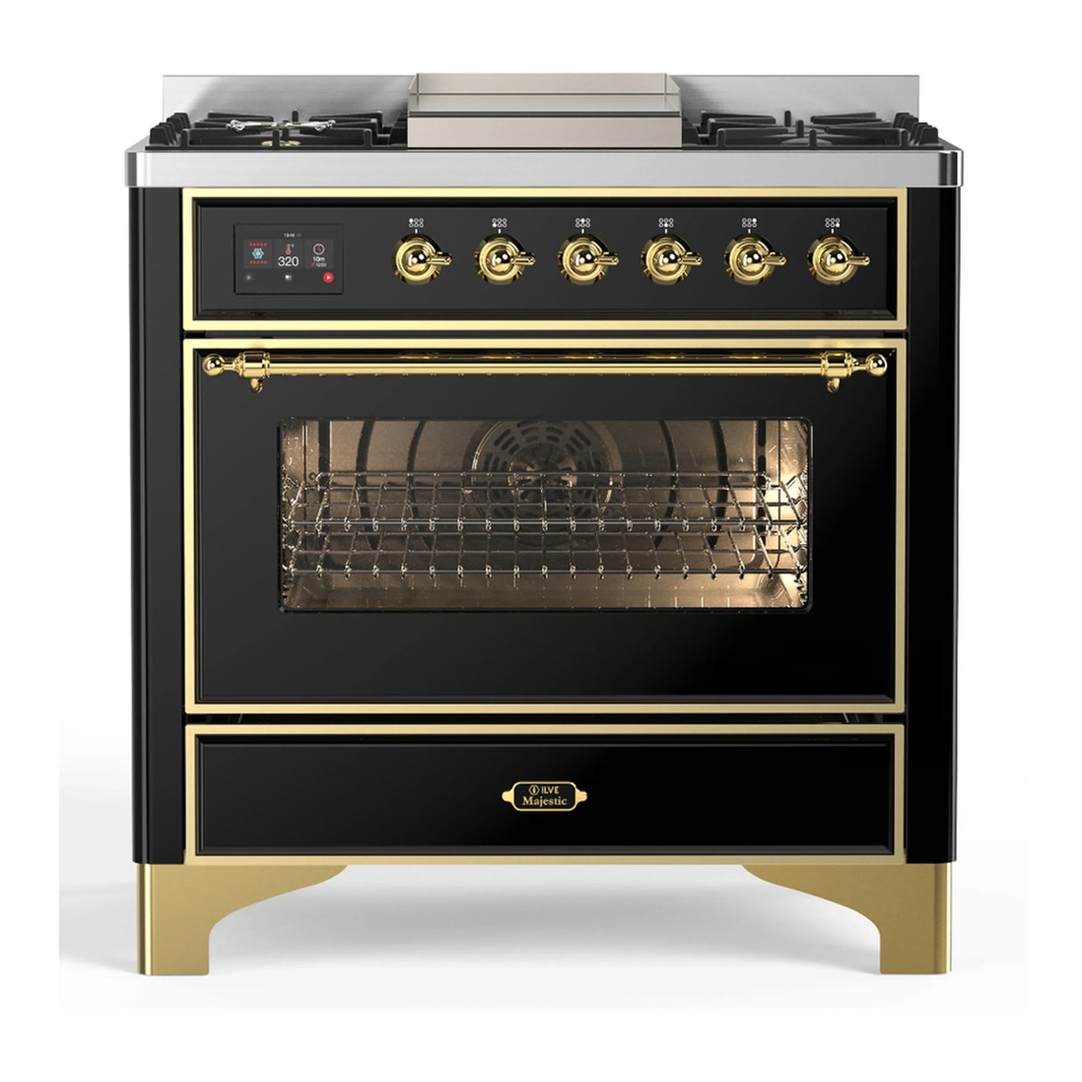 ILVE Majestic III 36-inch Dual Fuel Range with 6 Natural Gas Burner, Griddle and Triple Glass Door Electric Oven in Glossy Black with Brass Trim (UM36FNR3BKG)
