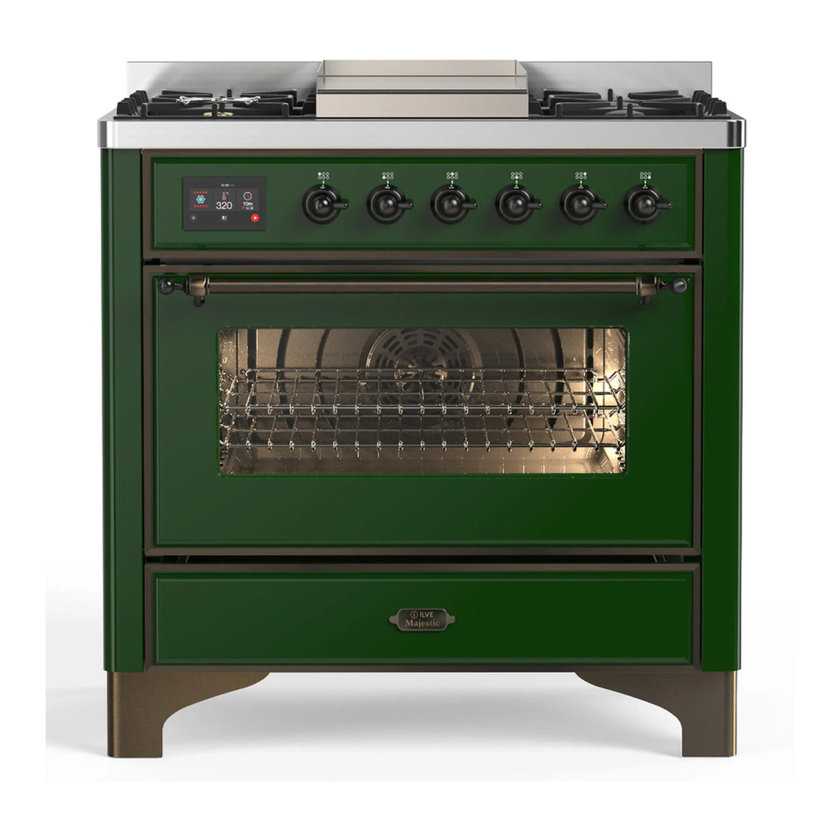 ILVE Majestic III 36-inch Dual Fuel Range with 6 Natural Gas Burner, Griddle and Triple Glass Door Electric Oven in Emerald Green with Burnished Trim (UM36FNR3EGB)