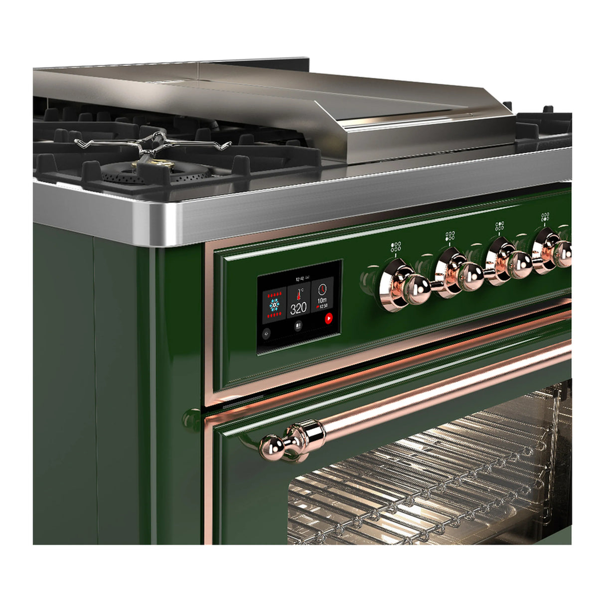ILVE Majestic III 36-inch Dual Fuel Range with 6 Natural Gas Burner, Griddle and Triple Glass Door Electric Oven in Emerald Green with Copper Trim (UM36FNR3EGP)