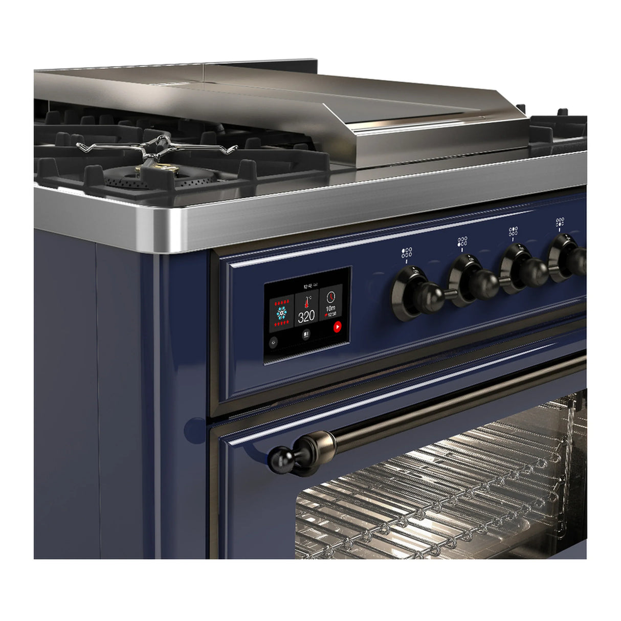 ILVE Majestic III 36-inch Dual Fuel Range with 6 Natural Gas Burner, Griddle and Triple Glass Door Electric Oven in Midnight Blue with Burnished Trim (UM36FNR3MBB)
