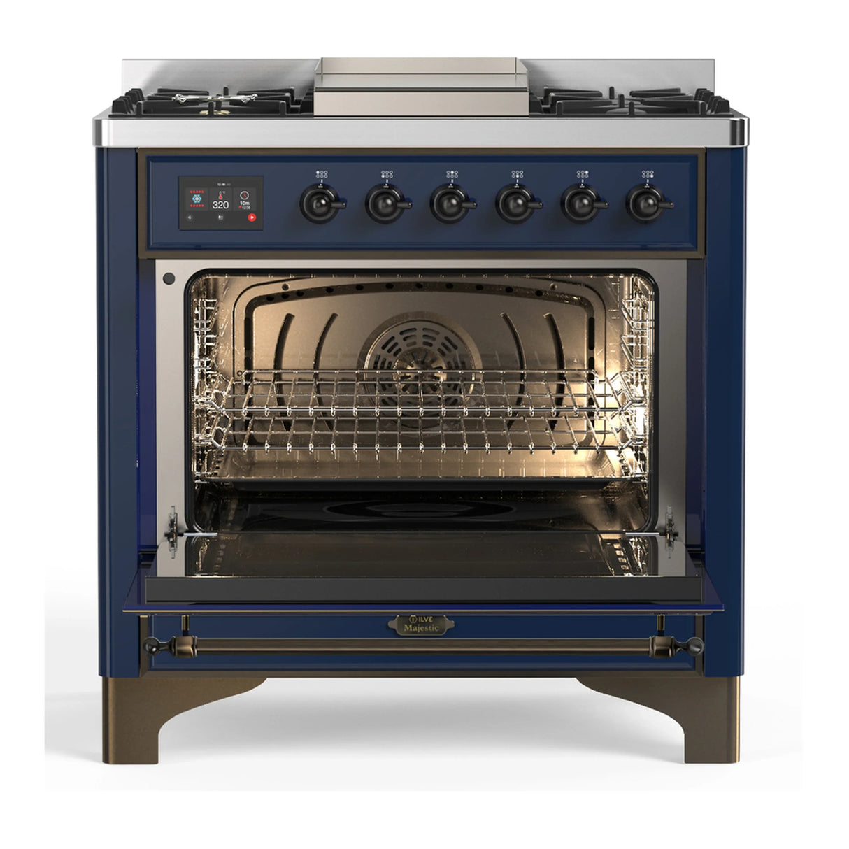 ILVE Majestic III 36-inch Dual Fuel Range with 6 Natural Gas Burner, Griddle and Triple Glass Door Electric Oven in Midnight Blue with Burnished Trim (UM36FNR3MBB)