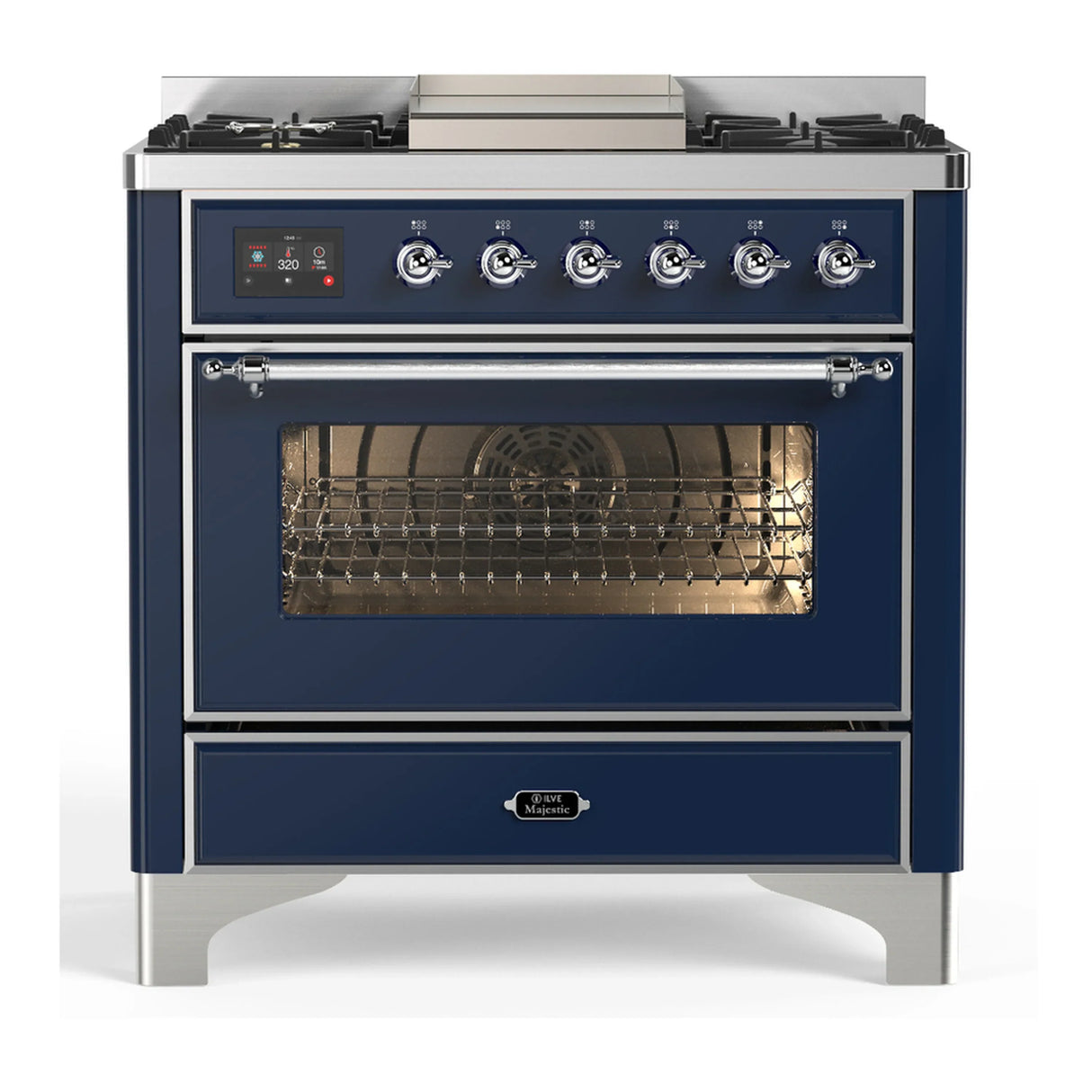 ILVE Majestic III 36-inch Dual Fuel Range with 6 Natural Gas Burner, Griddle and Triple Glass Door Electric Oven in Midnight Blue with Chrome Trim (UM36FNR3MBC)