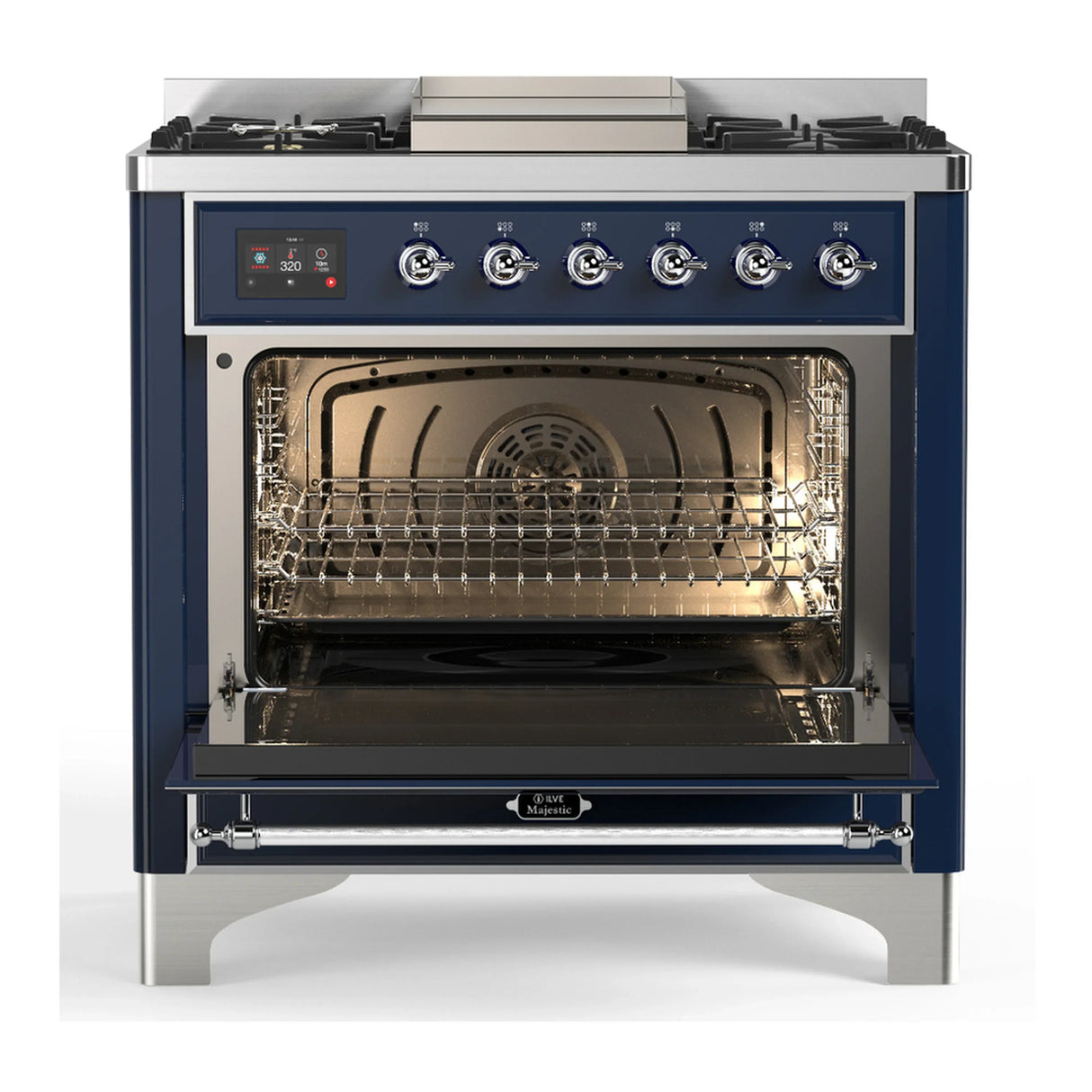 ILVE Majestic III 36-inch Dual Fuel Range with 6 Natural Gas Burner, Griddle and Triple Glass Door Electric Oven in Midnight Blue with Chrome Trim (UM36FNR3MBC)