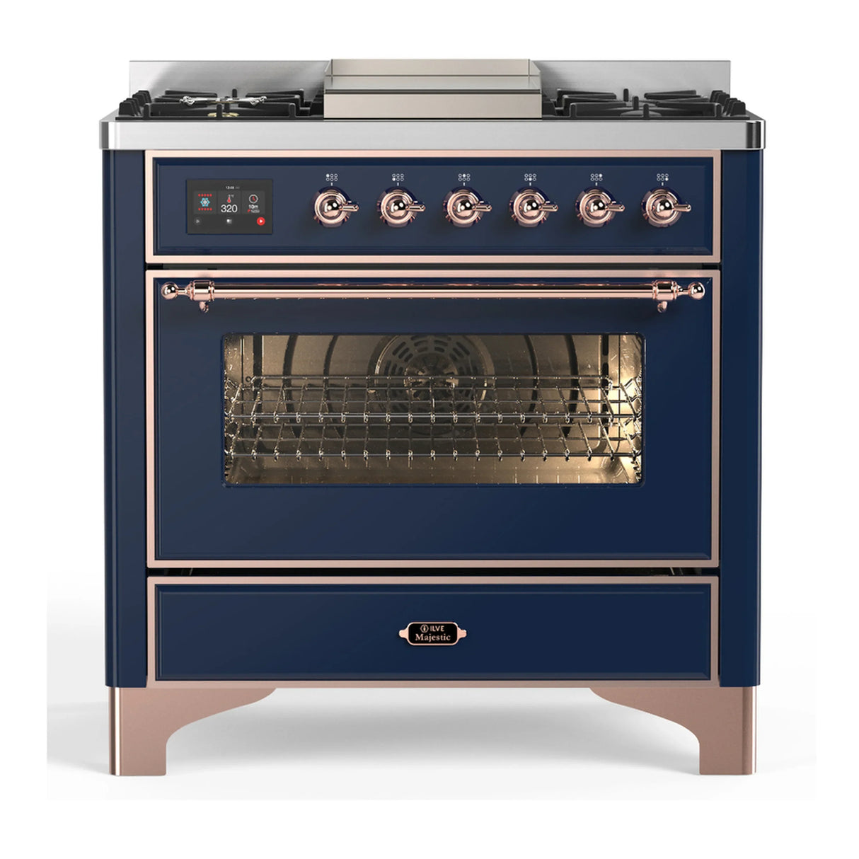 ILVE Majestic III 36-inch Dual Fuel Range with 6 Natural Gas Burner, Griddle and Triple Glass Door Electric Oven in Midnight Blue with Copper Trim (UM36FNR3MBP)