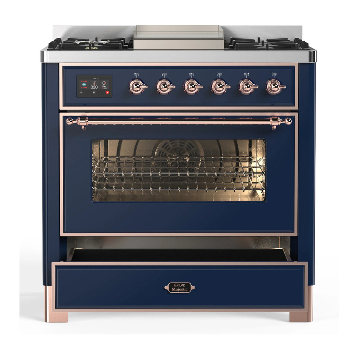 ILVE Majestic III 36-inch Dual Fuel Range with 6 Natural Gas Burner, Griddle and Triple Glass Door Electric Oven in Midnight Blue with Copper Trim (UM36FNR3MBP)