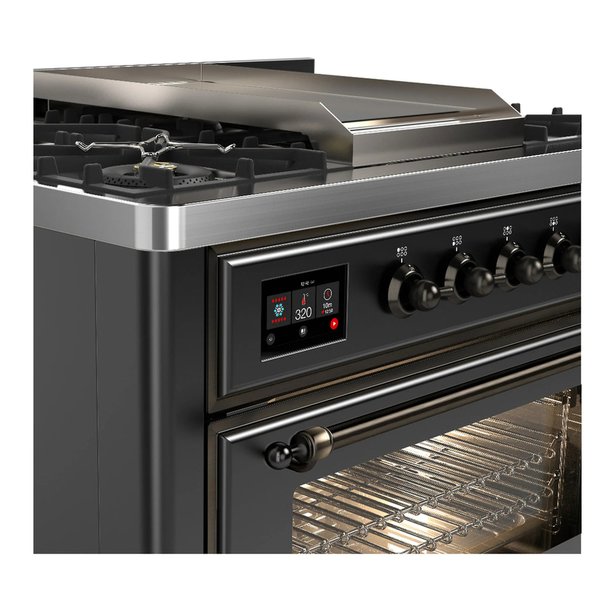 ILVE Majestic III 36-inch Dual Fuel Range with 5 Liquid Propane Burner, Griddle and Triple Glass Door Electric Oven in Graphite Matte with Burnished Trim (UM36FNR3MGBLP)
