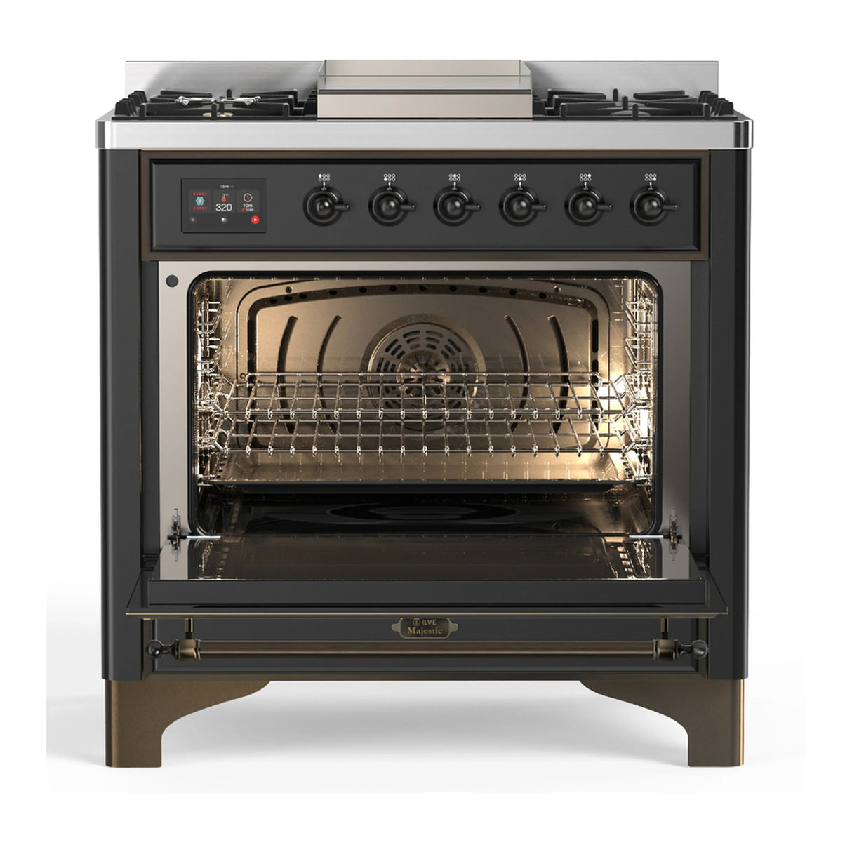 ILVE Majestic III 36-inch Dual Fuel Range with 5 Liquid Propane Burner, Griddle and Triple Glass Door Electric Oven in Graphite Matte with Burnished Trim (UM36FNR3MGBLP)
