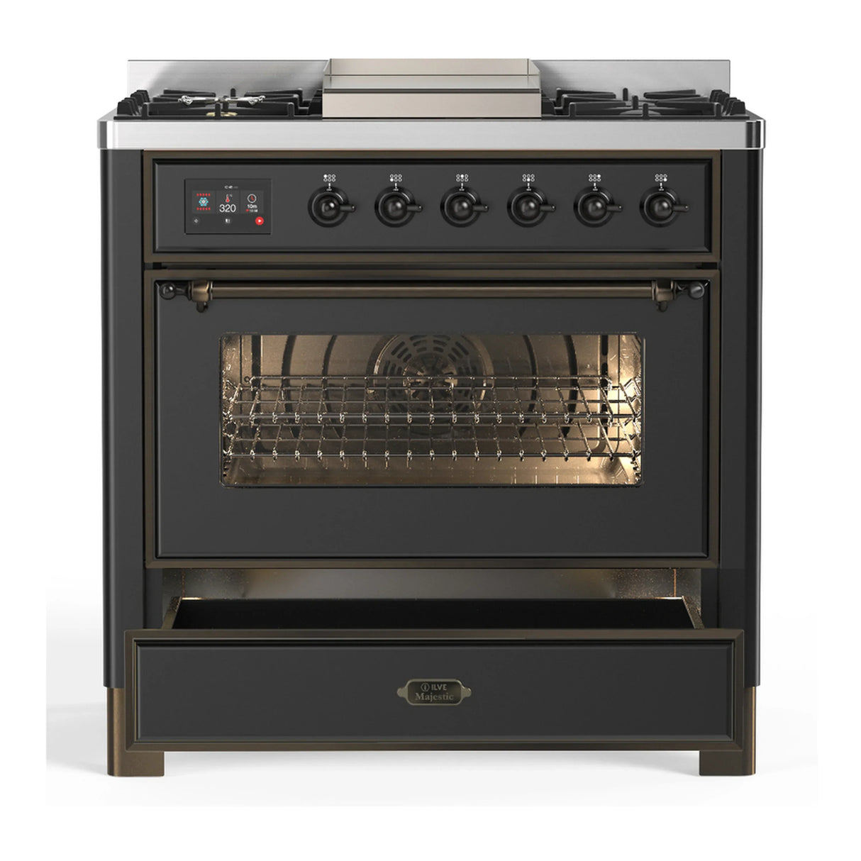 ILVE Majestic III 36-inch Dual Fuel Range with 5 Liquid Propane Burner, Griddle and Triple Glass Door Electric Oven in Graphite Matte with Burnished Trim (UM36FNR3MGBLP)