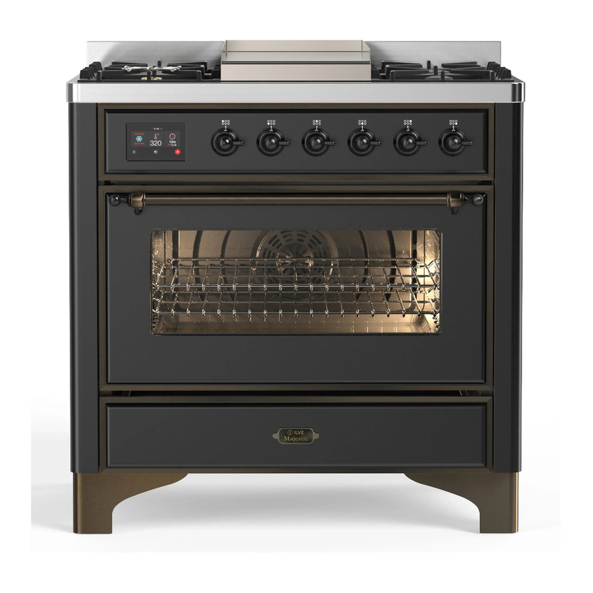 ILVE Majestic III 36-inch Dual Fuel Range with 5 Liquid Propane Burner, Griddle and Triple Glass Door Electric Oven in Graphite Matte with Burnished Trim (UM36FNR3MGBLP)