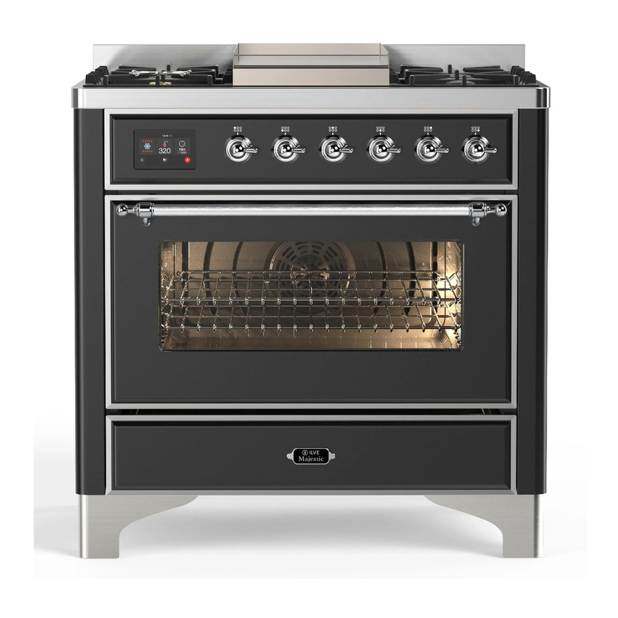 ILVE Majestic III 36-inch Dual Fuel Range with 6 Natural Gas Burner, Griddle and Triple Glass Door Electric Oven in Graphite Matte with Chrome Trim (UM36FNR3MGC)