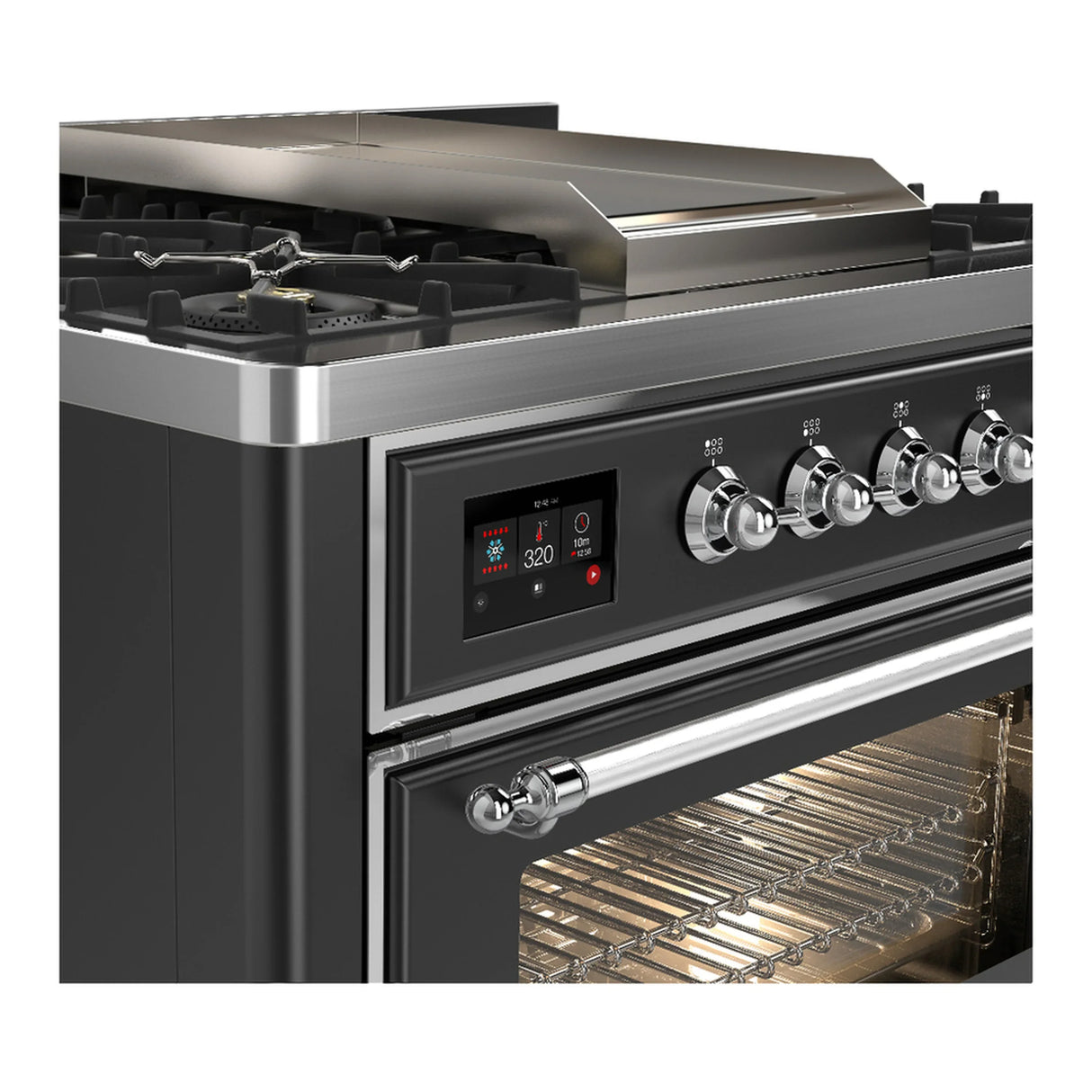 ILVE Majestic III 36-inch Dual Fuel Range with 6 Natural Gas Burner, Griddle and Triple Glass Door Electric Oven in Graphite Matte with Chrome Trim (UM36FNR3MGC)