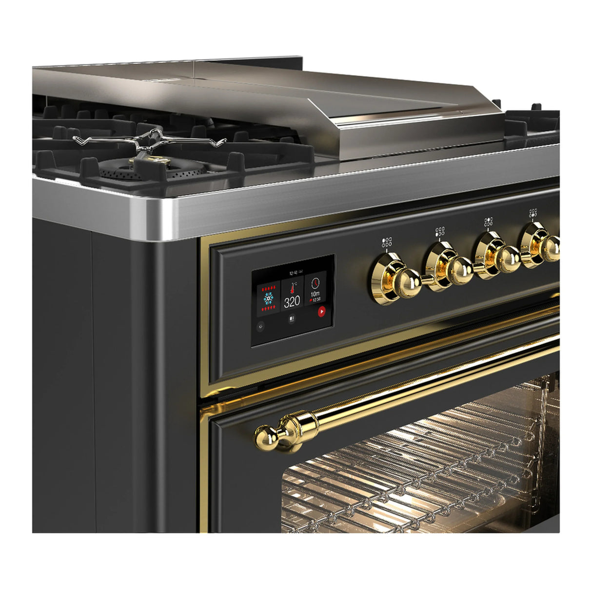 ILVE Majestic III 36-inch Dual Fuel Range with 6 Natural Gas Burner, Griddle and Triple Glass Door Electric Oven in Graphite Matte with Brass Trim (UM36FNR3MGG)