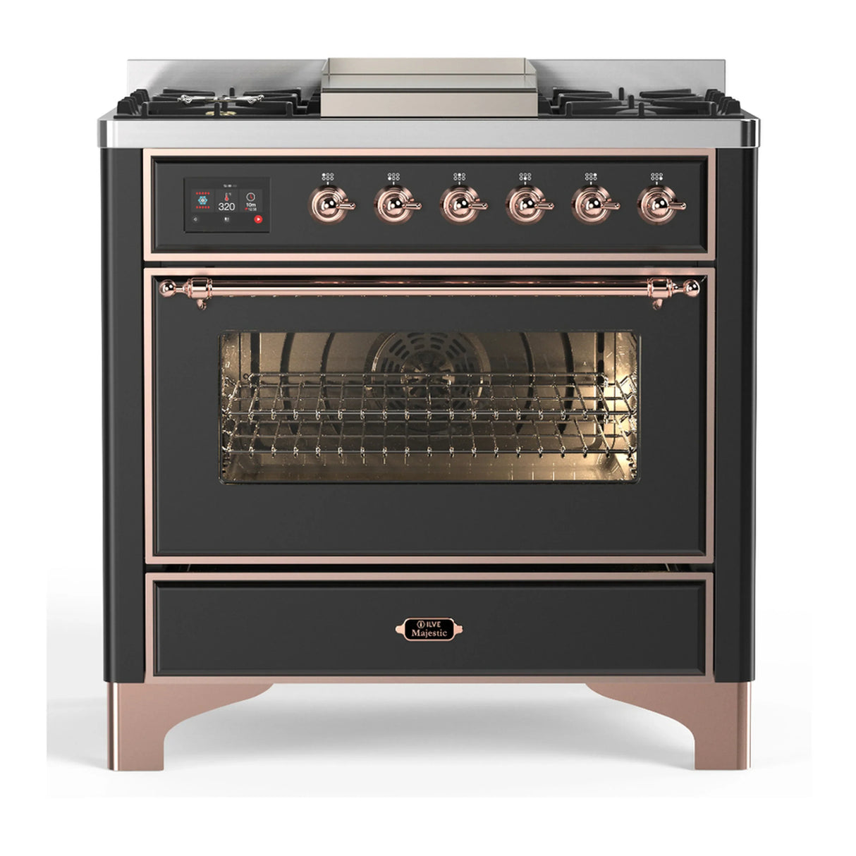 ILVE Majestic III 36-inch Dual Fuel Range with 5 Liquid Propane Burner, Griddle and Triple Glass Door Electric Oven in Graphite Matte with Copper Trim (UM36FNR3MGPLP)