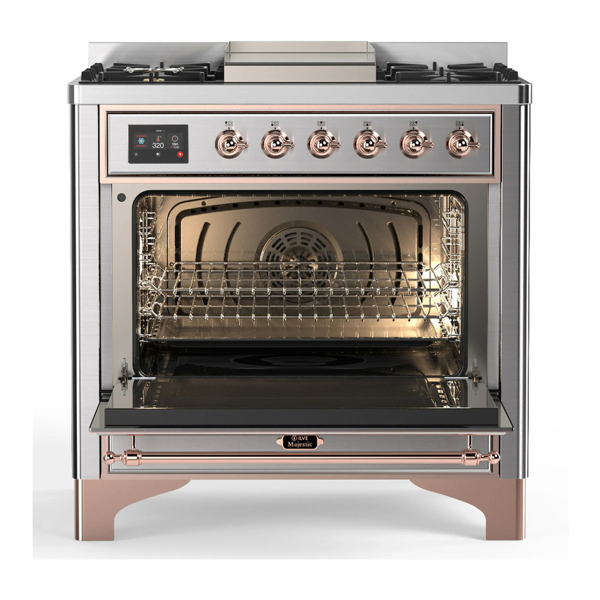 ILVE Majestic III 36-inch Dual Fuel Range with 6 Natural Gas Burner, Griddle and Triple Glass Door Electric Oven in Stainless Steel with Copper Trim (UM36FNR3SSP)