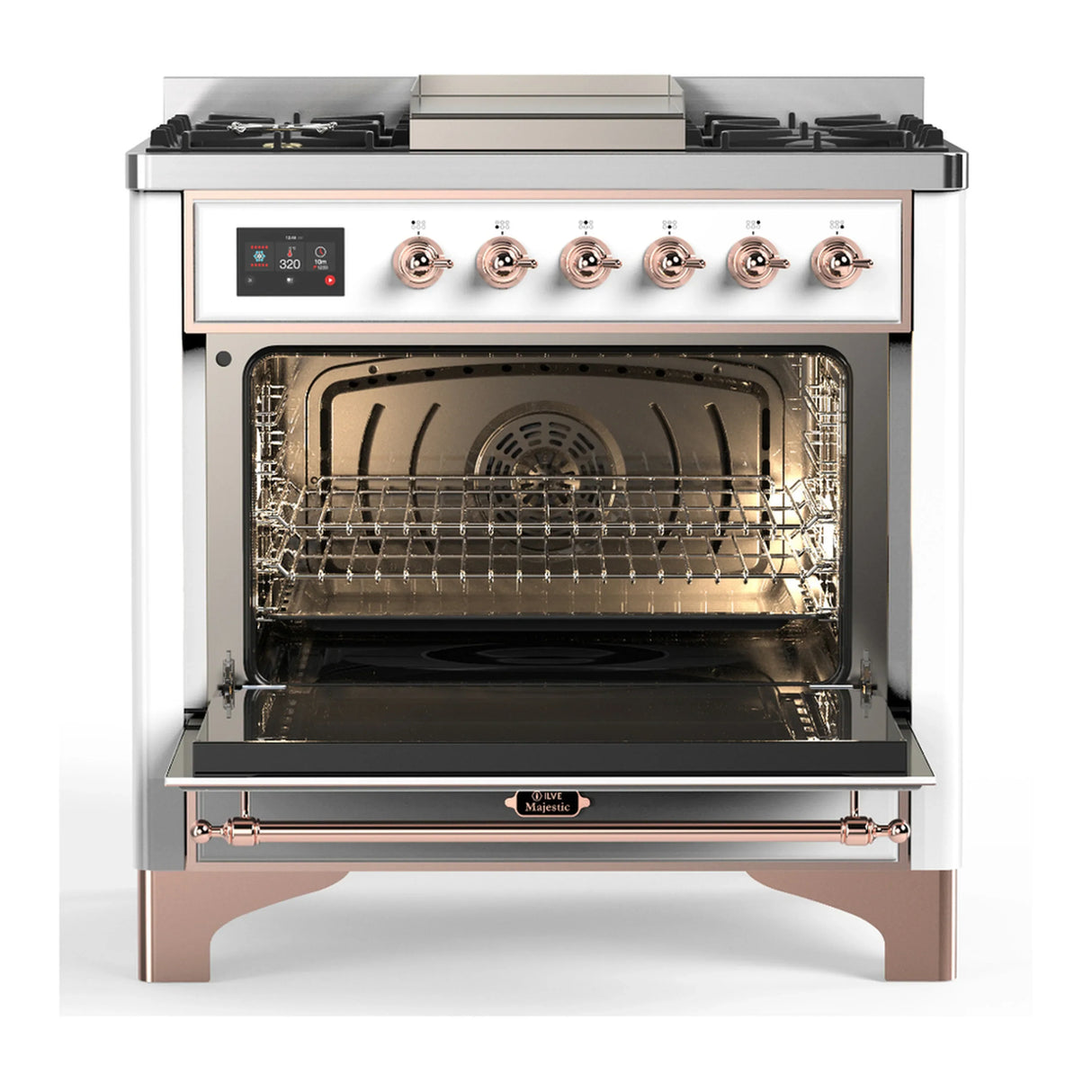 ILVE Majestic III 36-inch Dual Fuel Range with 6 Natural Gas Burner, Griddle and Triple Glass Door Electric Oven in White with Copper Trim (UM36FNR3WHP)