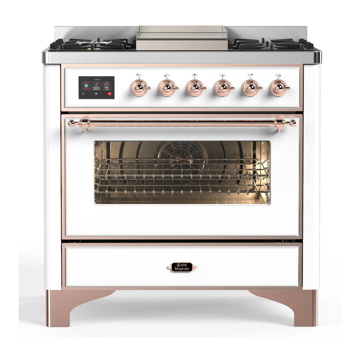 ILVE Majestic III 36-inch Dual Fuel Range with 6 Natural Gas Burner, Griddle and Triple Glass Door Electric Oven in White with Copper Trim (UM36FNR3WHP)