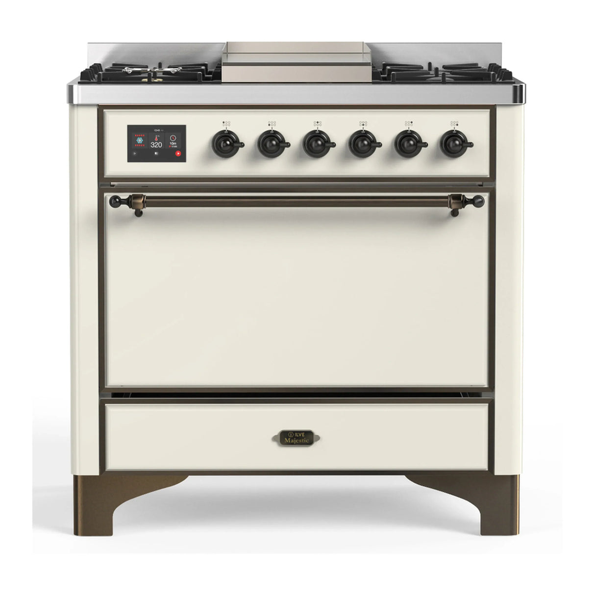 ILVE Majestic III 36-inch Dual Fuel Range with 6 Natural Gas Burner, Griddle and Solid Door Electric Oven in Antique White with Burnished Trim (UM36FQNR3AWB)