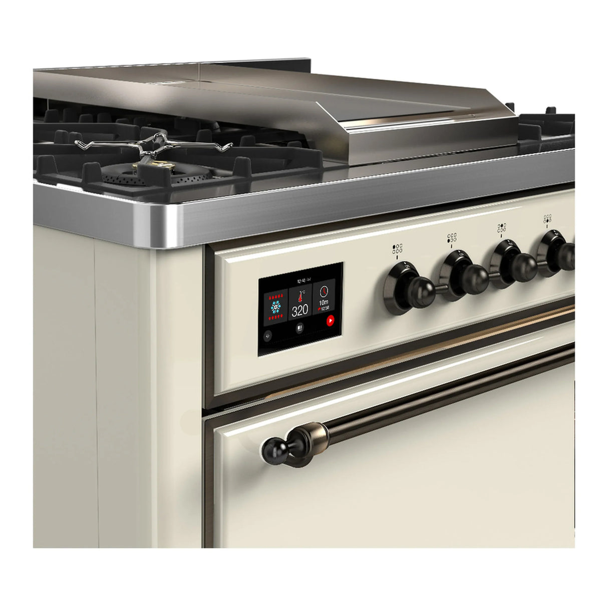 ILVE Majestic III 36-inch Dual Fuel Range with 5 Liquid Propane Burner, Griddle and Solid Door Electric Oven in Antique White with Burnished Trim (UM36FQNR3AWBLP)