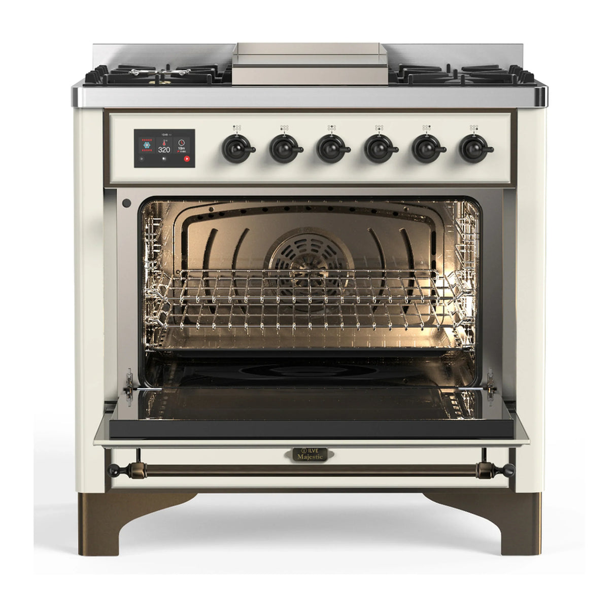ILVE Majestic III 36-inch Dual Fuel Range with 5 Liquid Propane Burner, Griddle and Solid Door Electric Oven in Antique White with Burnished Trim (UM36FQNR3AWBLP)