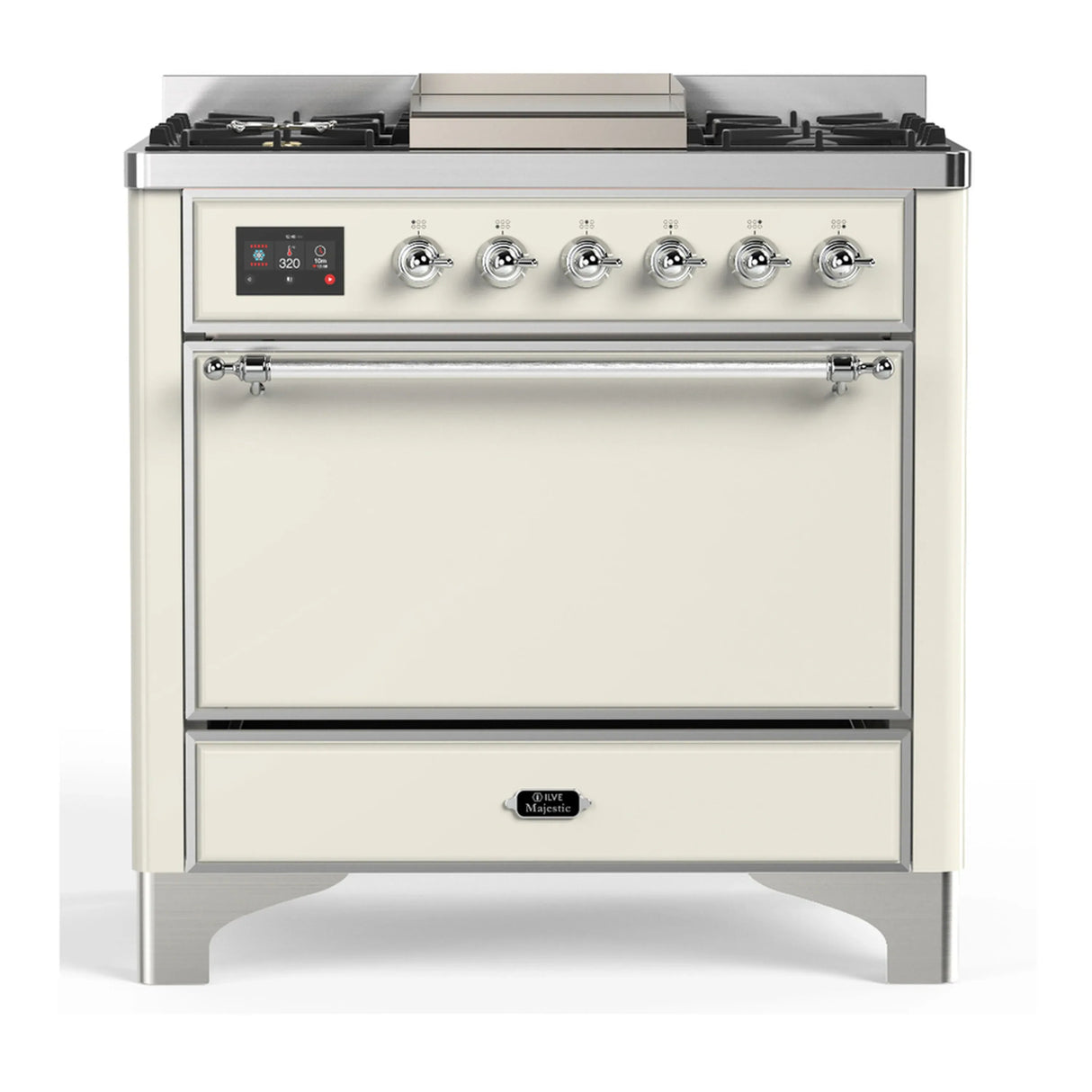 ILVE Majestic III 36-inch Dual Fuel Range with 5 Liquid Propane Burner, Griddle and Solid Door Electric Oven in Antique White with Chrome Trim (UM36FQNR3AWCLP)