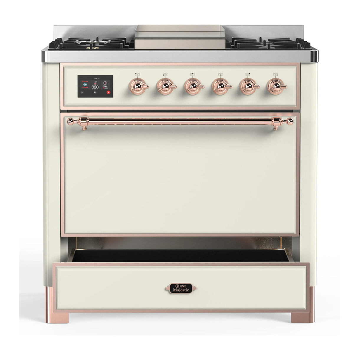 ILVE Majestic III 36-inch Dual Fuel Range with 5 Liquid Propane Burner, Griddle and Solid Door Electric Oven in Antique White with Copper Trim (UM36FQNR3AWPLP)