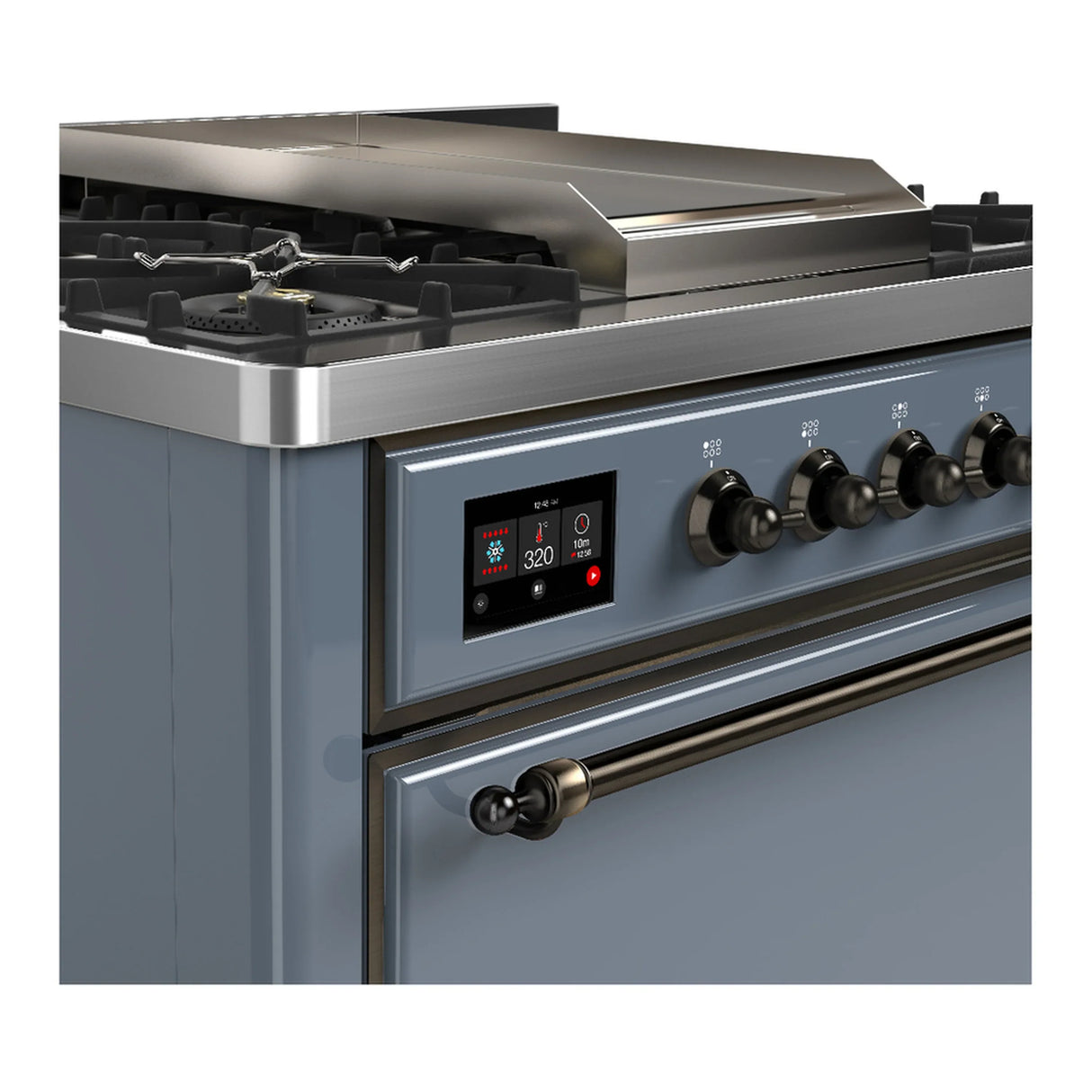 ILVE Majestic III 36-inch Dual Fuel Range with 5 Liquid Propane Burner, Griddle and Solid Door Electric Oven in Blue Grey with Burnished Trim (UM36FQNR3BGBLP)