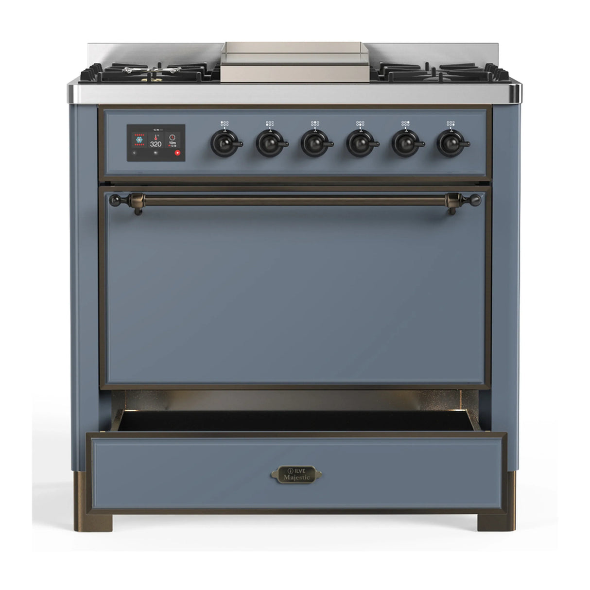 ILVE Majestic III 36-inch Dual Fuel Range with 5 Liquid Propane Burner, Griddle and Solid Door Electric Oven in Blue Grey with Burnished Trim (UM36FQNR3BGBLP)