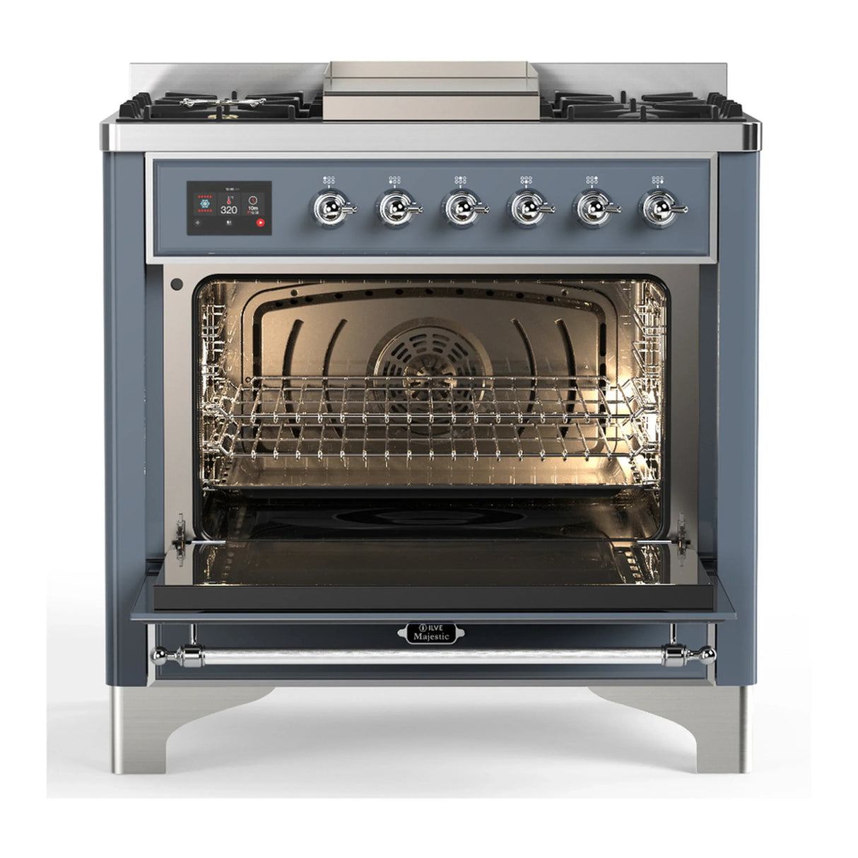 ILVE Majestic III 36-inch Dual Fuel Range with 6 Natural Gas Burner, Griddle and Solid Door Electric Oven in Blue Grey with Chrome Trim (UM36FQNR3BGC)
