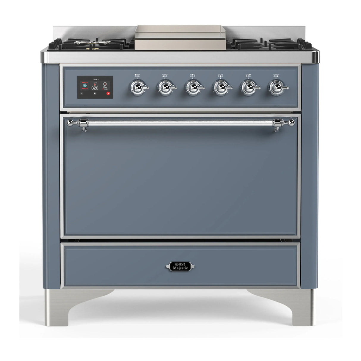 ILVE Majestic III 36-inch Dual Fuel Range with 6 Natural Gas Burner, Griddle and Solid Door Electric Oven in Blue Grey with Chrome Trim (UM36FQNR3BGC)