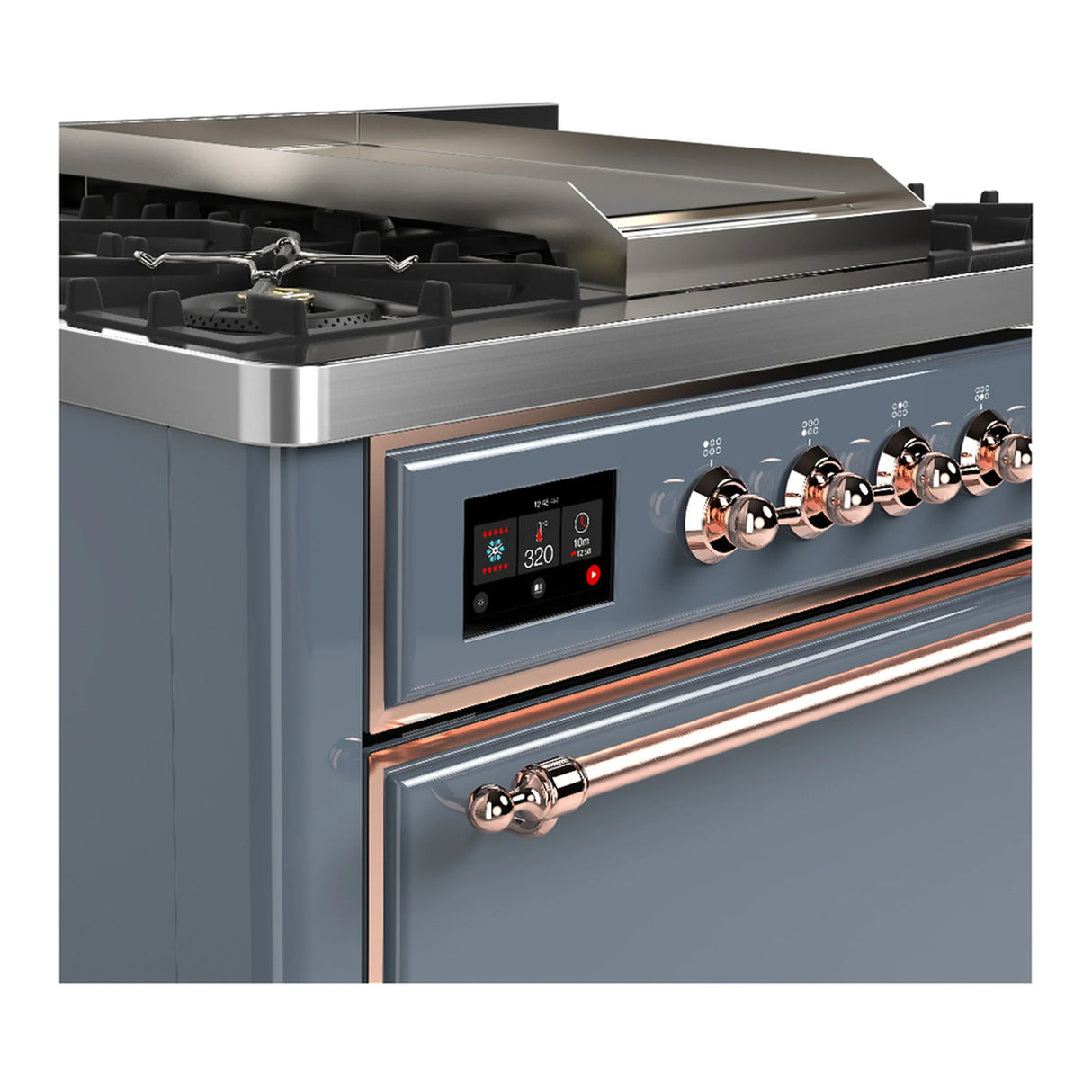 ILVE Majestic III 36-inch Dual Fuel Range with 5 Liquid Propane Burner, Griddle and Solid Door Electric Oven in Blue Grey with Copper Trim (UM36FQNR3BGPLP)