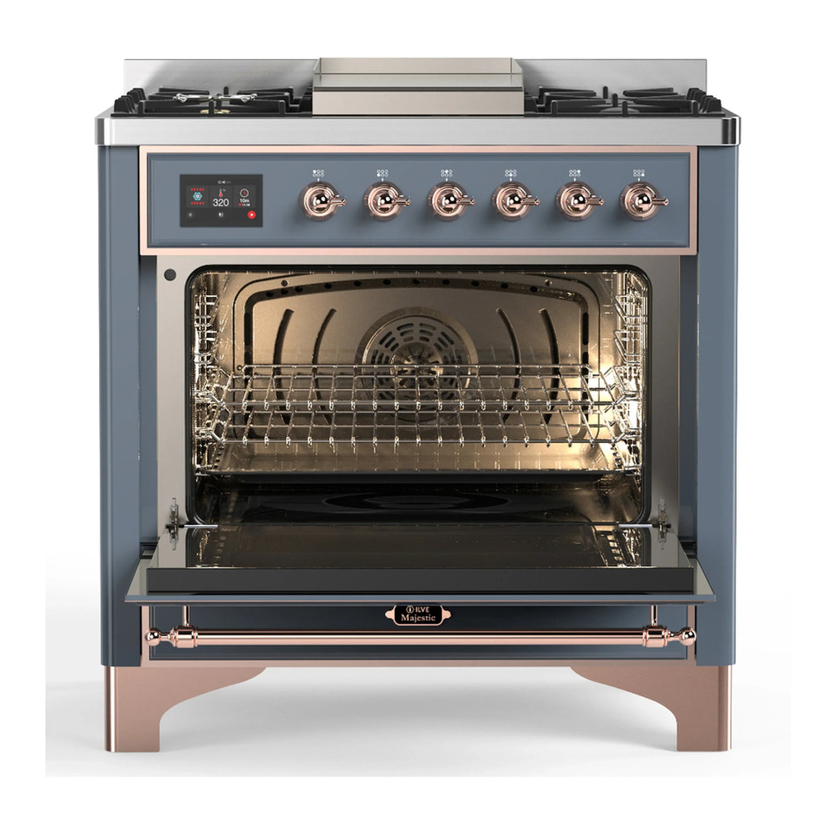 ILVE Majestic III 36-inch Dual Fuel Range with 5 Liquid Propane Burner, Griddle and Solid Door Electric Oven in Blue Grey with Copper Trim (UM36FQNR3BGPLP)