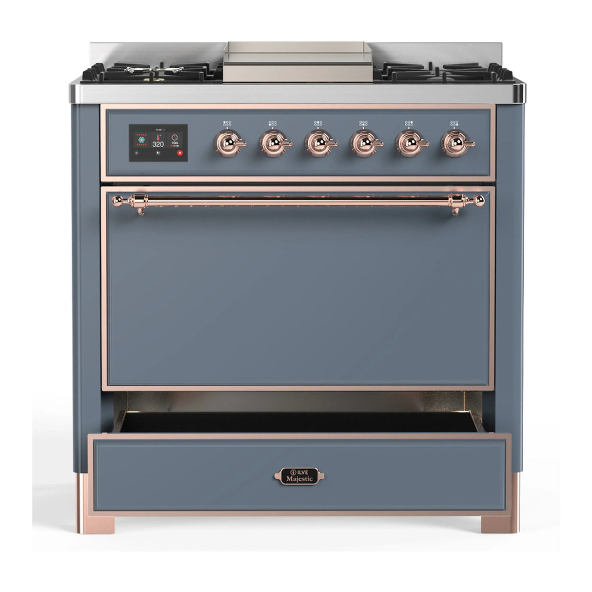 ILVE Majestic III 36-inch Dual Fuel Range with 5 Liquid Propane Burner, Griddle and Solid Door Electric Oven in Blue Grey with Copper Trim (UM36FQNR3BGPLP)