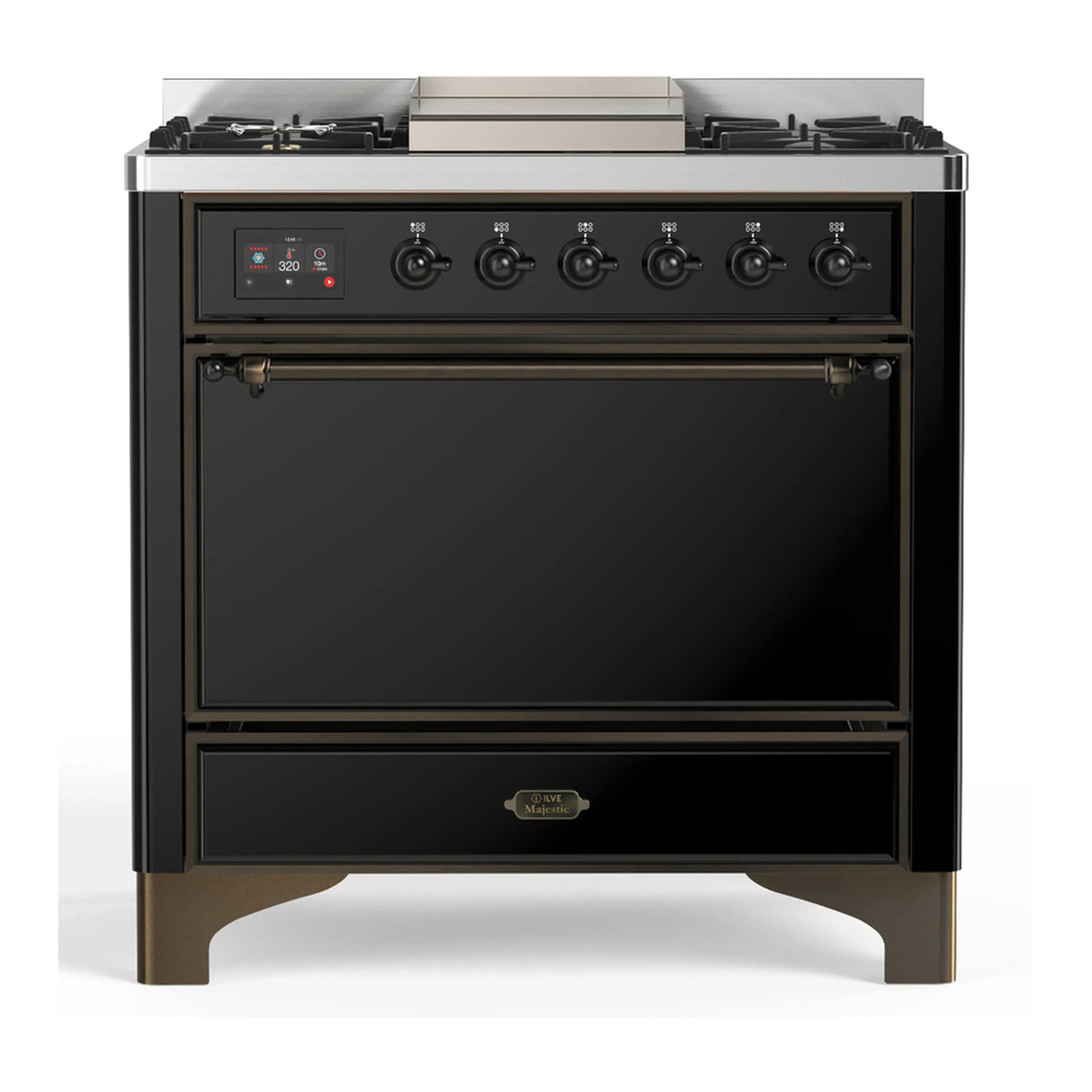 ILVE Majestic III 36-inch Dual Fuel Range with 6 Natural Gas Burner, Griddle and Solid Door Electric Oven in Glossy Black with Burnished Trim (UM36FQNR3BKB)