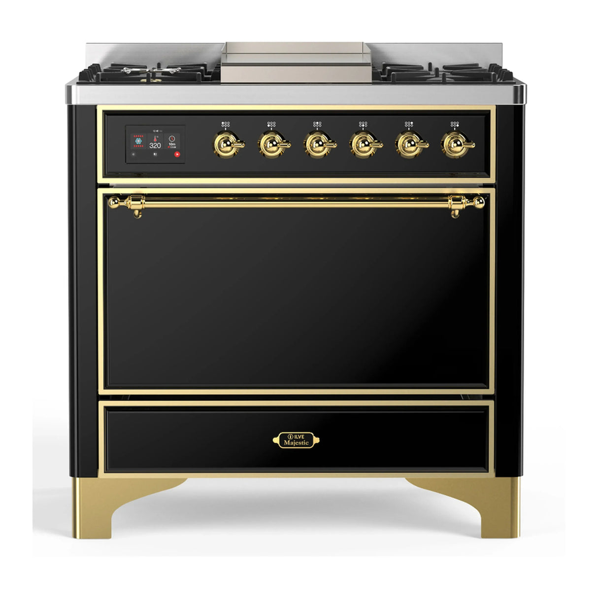 ILVE Majestic III 36-inch Dual Fuel Range with 6 Natural Gas Burner, Griddle and Solid Door Electric Oven in Glossy Black with Brass Trim (UM36FQNR3BKG)